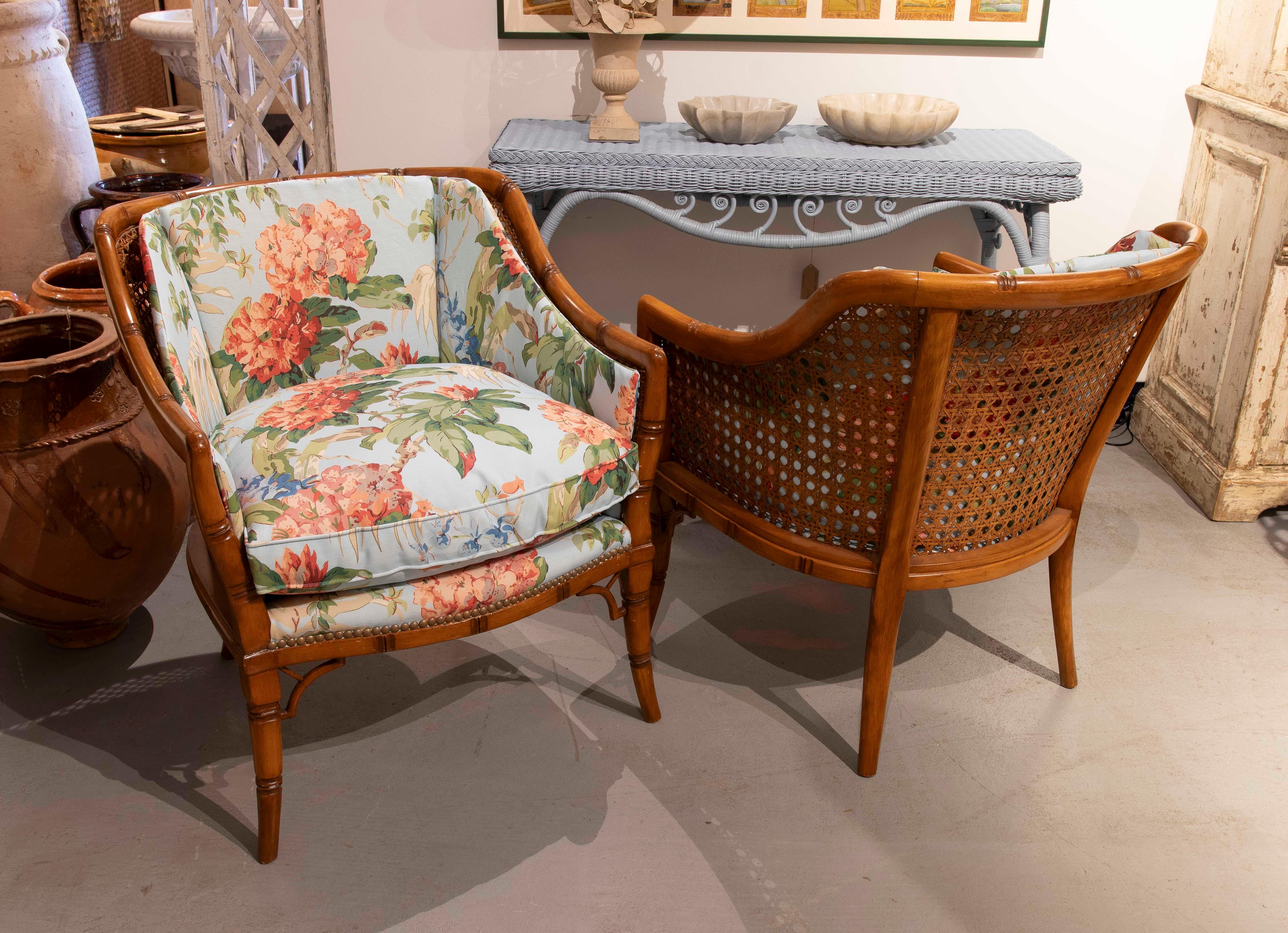 20th Century 1970s Pair of Upholstered Armchairs with Floral Decoration For Sale