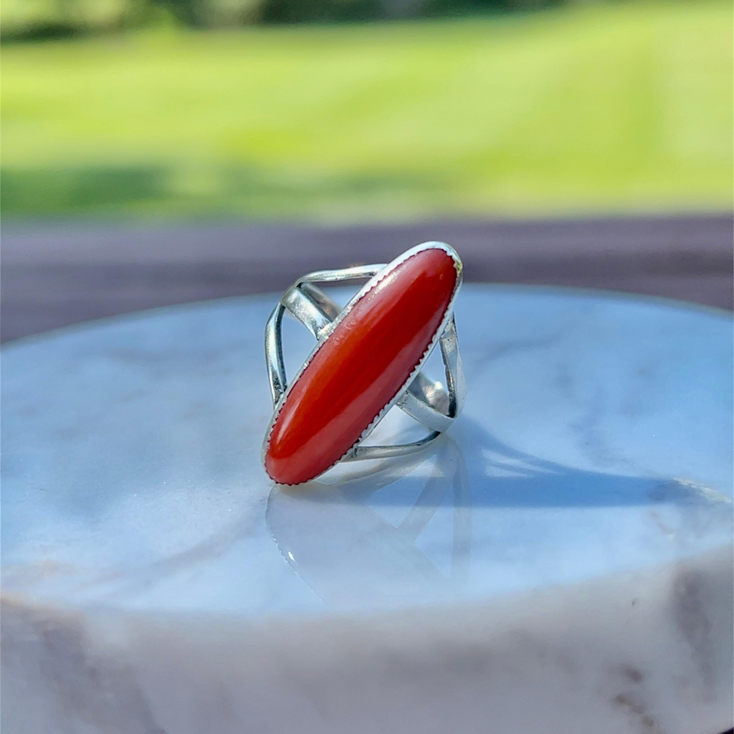 Contemporary 1970s Cabochon Coral Ring in Sterling Silver