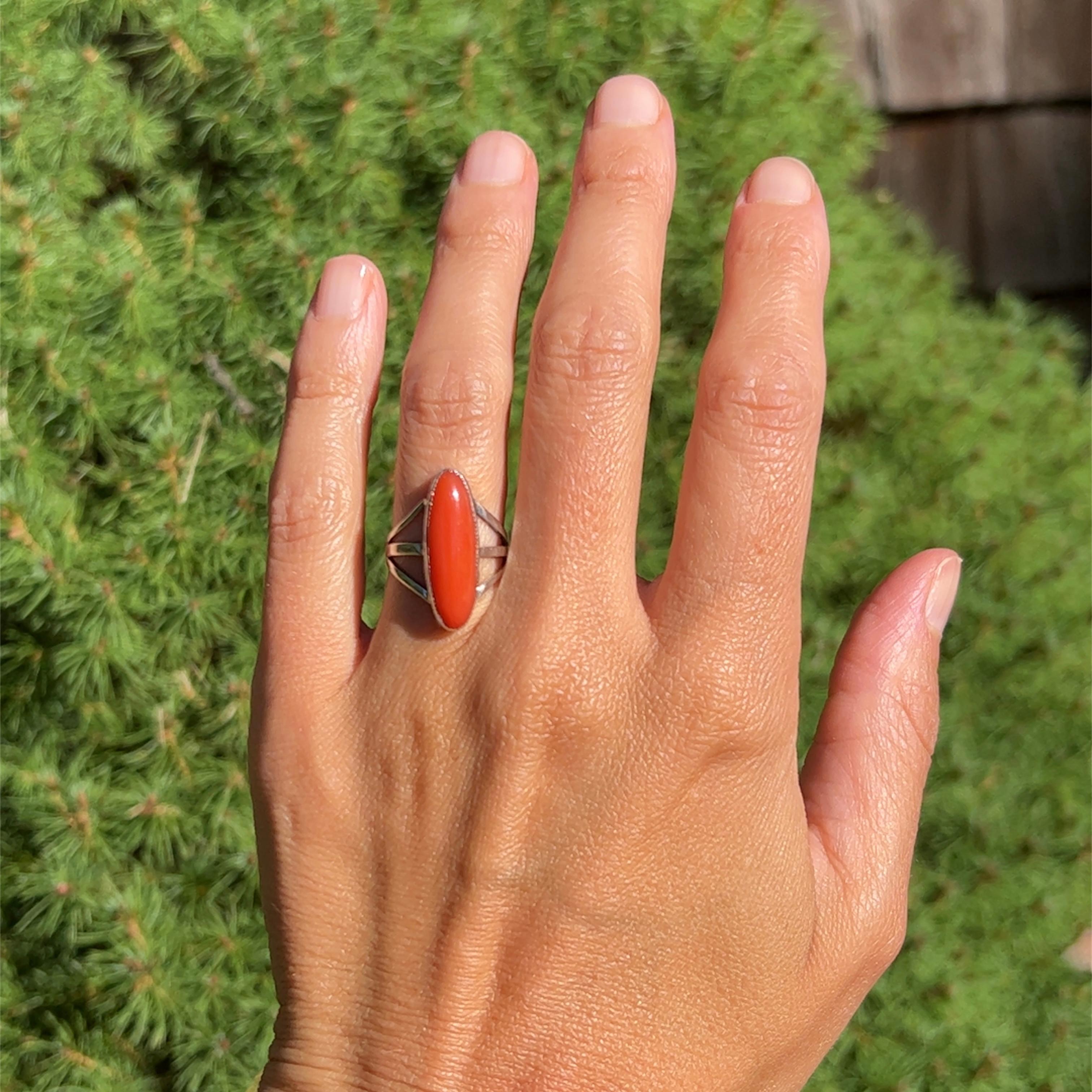 Women's or Men's 1970s Cabochon Coral Ring in Sterling Silver