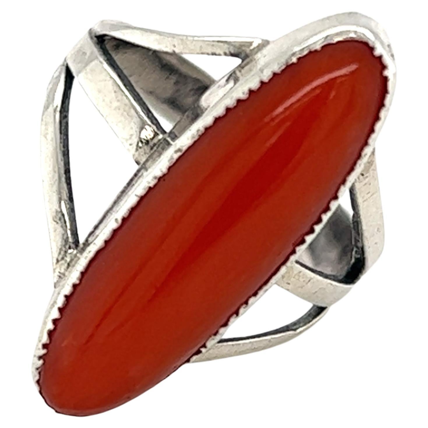 1970s Cabochon Coral Ring in Sterling Silver