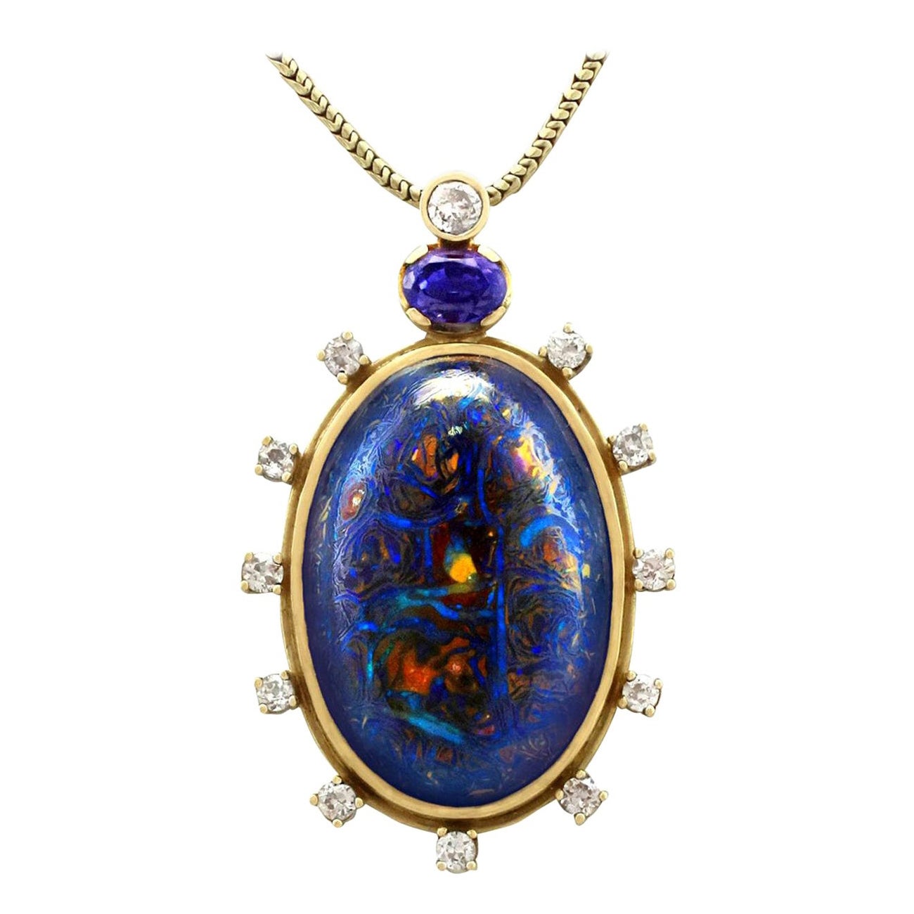 Ciondolo Boulder Opale taglio cabochon del 1970, zaffiro da 1,52 carati e diamante da 1,28 carati in vendita
