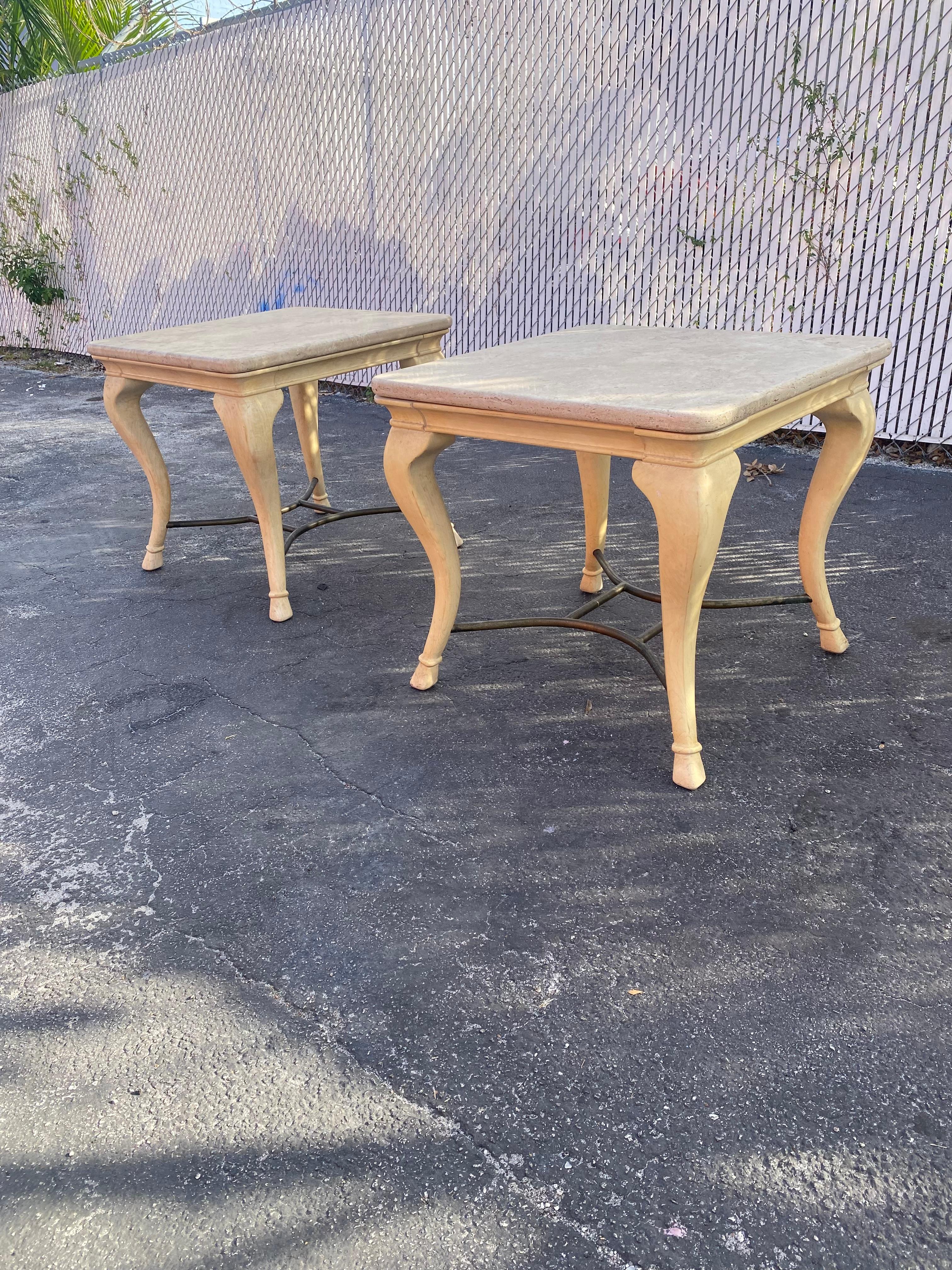 Mid-Century Modern 1970s Cabriolet Parchment Wood Travertine Tables, Set of 2 For Sale