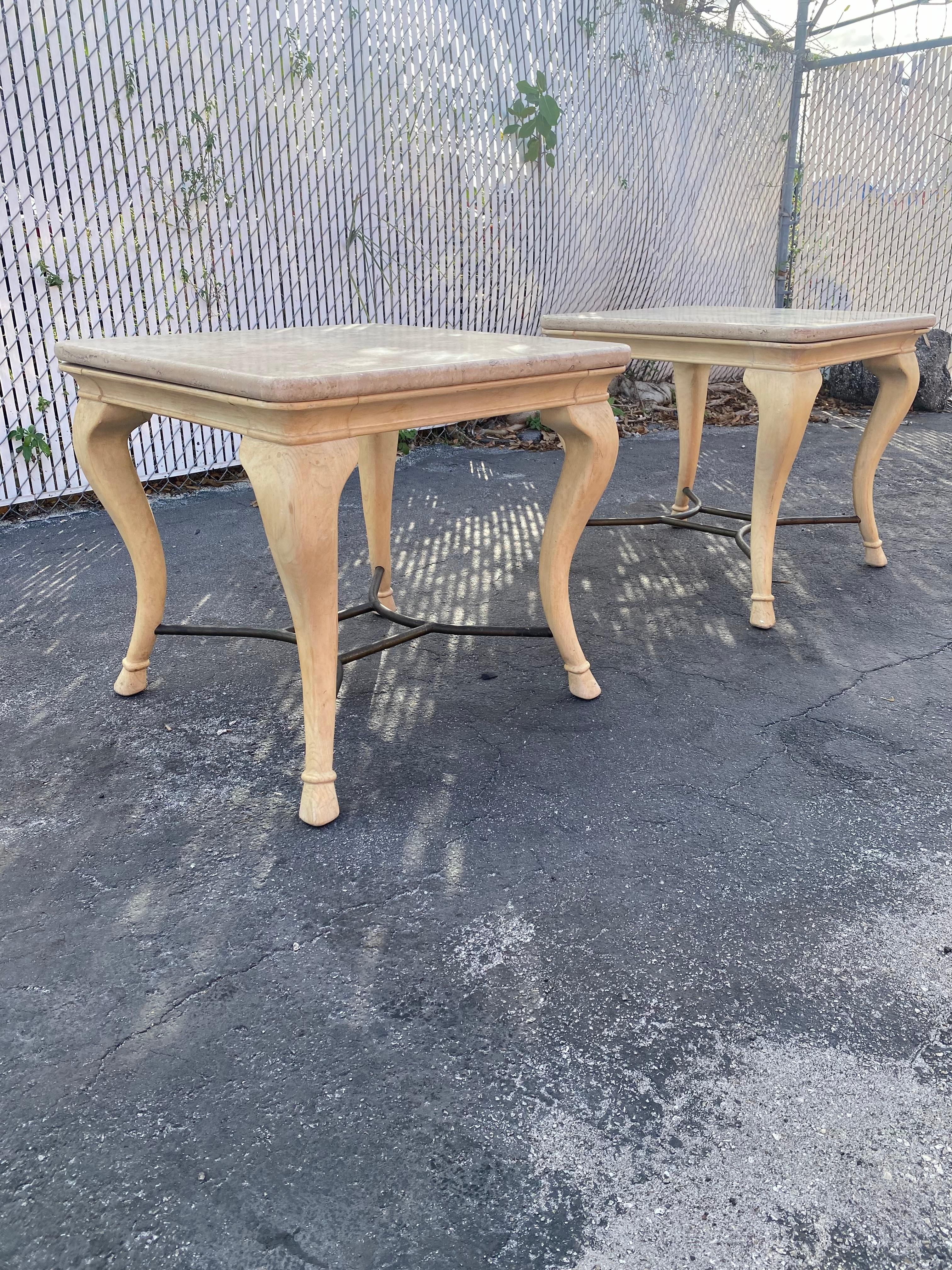 Italian 1970s Cabriolet Parchment Wood Travertine Tables, Set of 2 For Sale