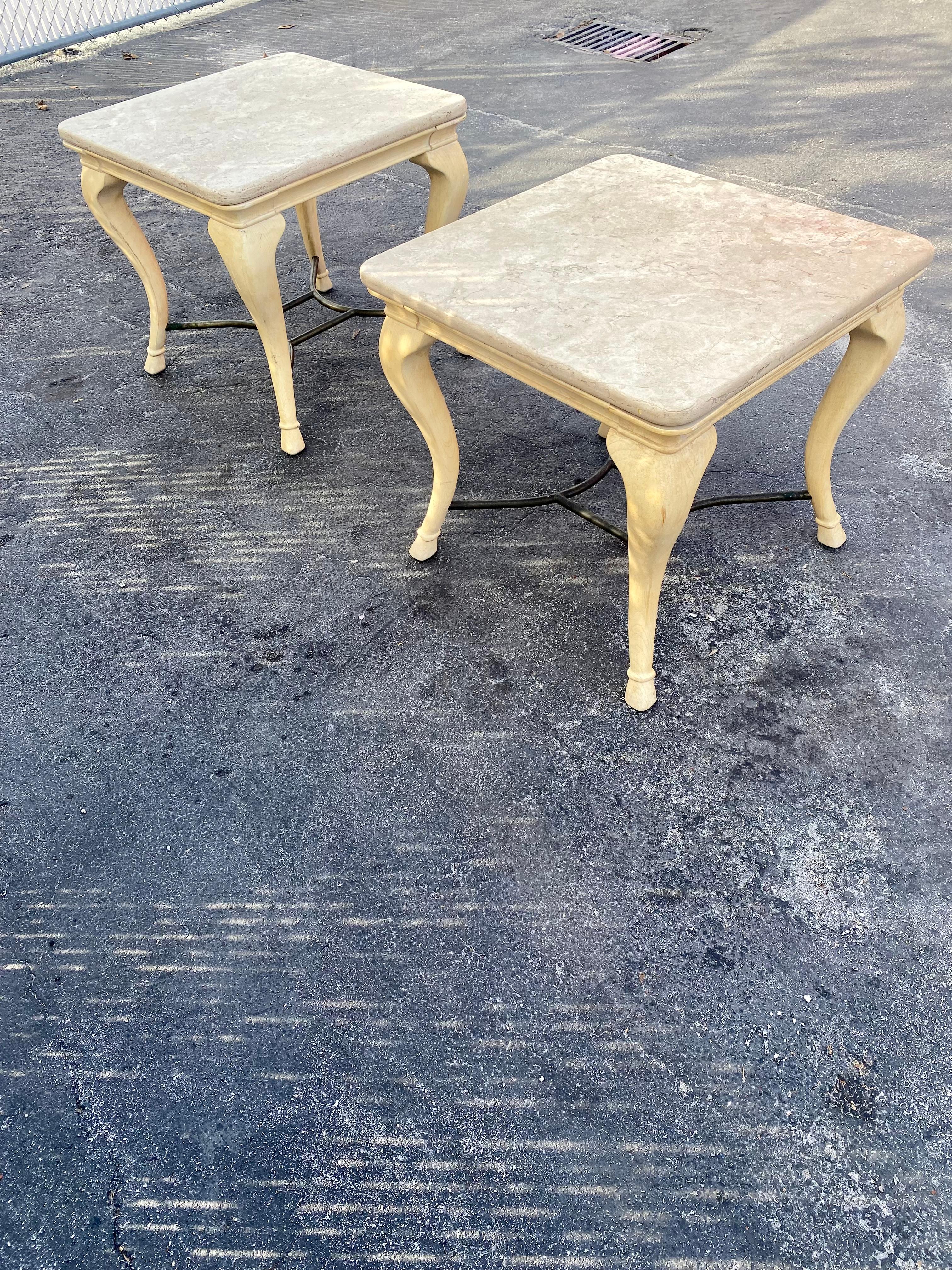 1970s Cabriolet Parchment Wood Travertine Tables, Set of 2 In Good Condition For Sale In Fort Lauderdale, FL