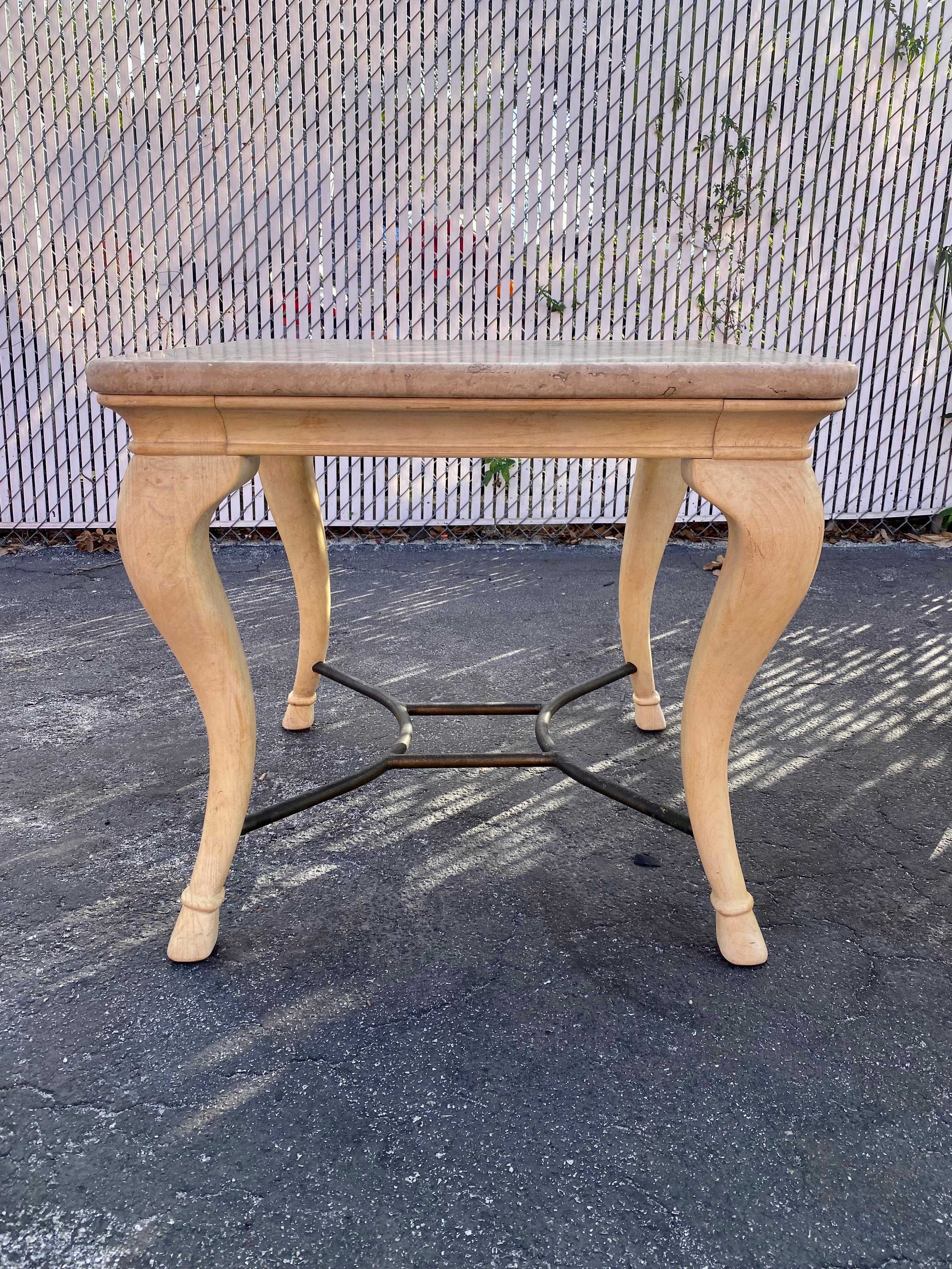 Brass 1970s Cabriolet Parchment Wood Travertine Tables, Set of 2 For Sale