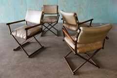 1970s Cal Style Director Chairs Oak Brass and Vinyl Set of 4