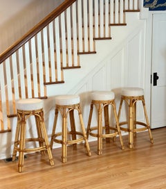 1970s Calif-Asia Natural Honey Rattan Round Barstools - Set of 4
