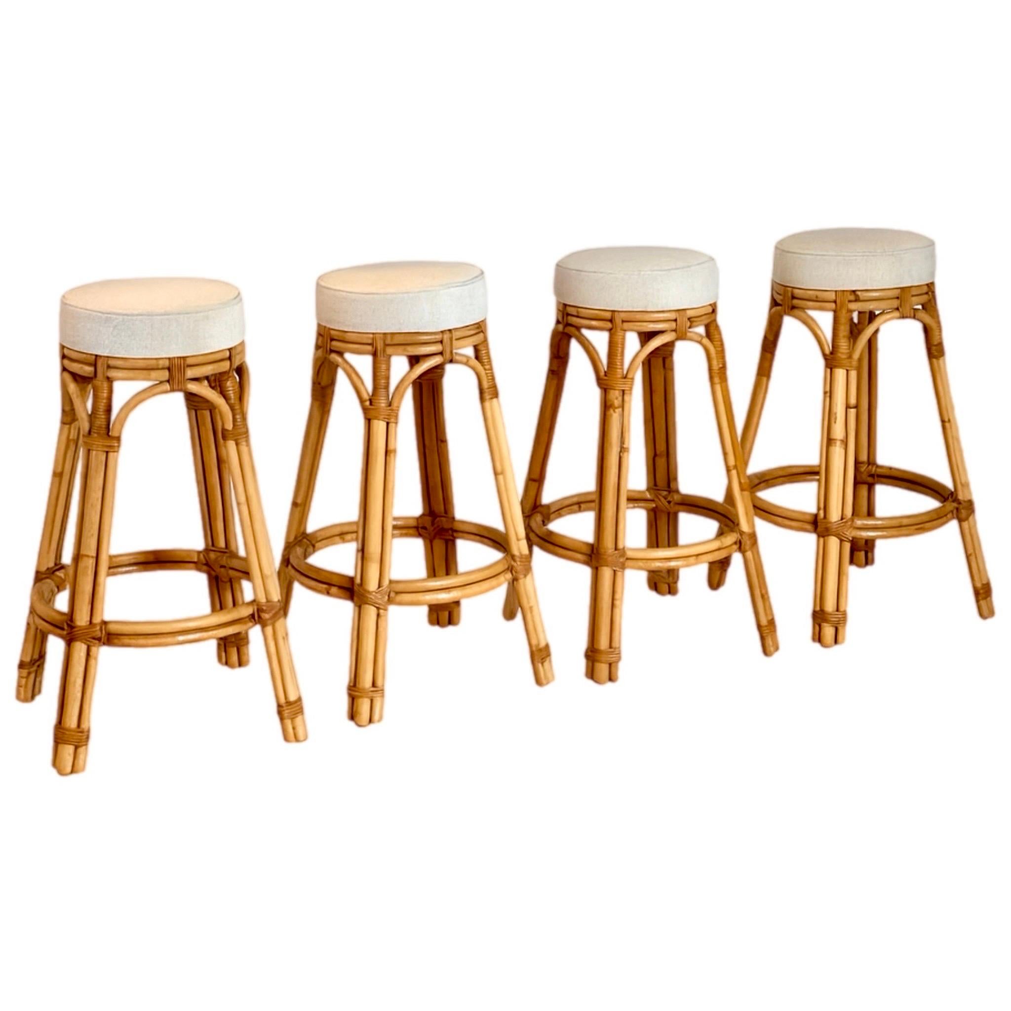 1970s Calif-Asia Natural Honey Rattan Round Barstools - Set of 4 For Sale