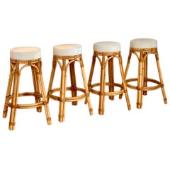 1970s Calif-Asia Natural Honey Rattan Round Barstools - Set of 4
