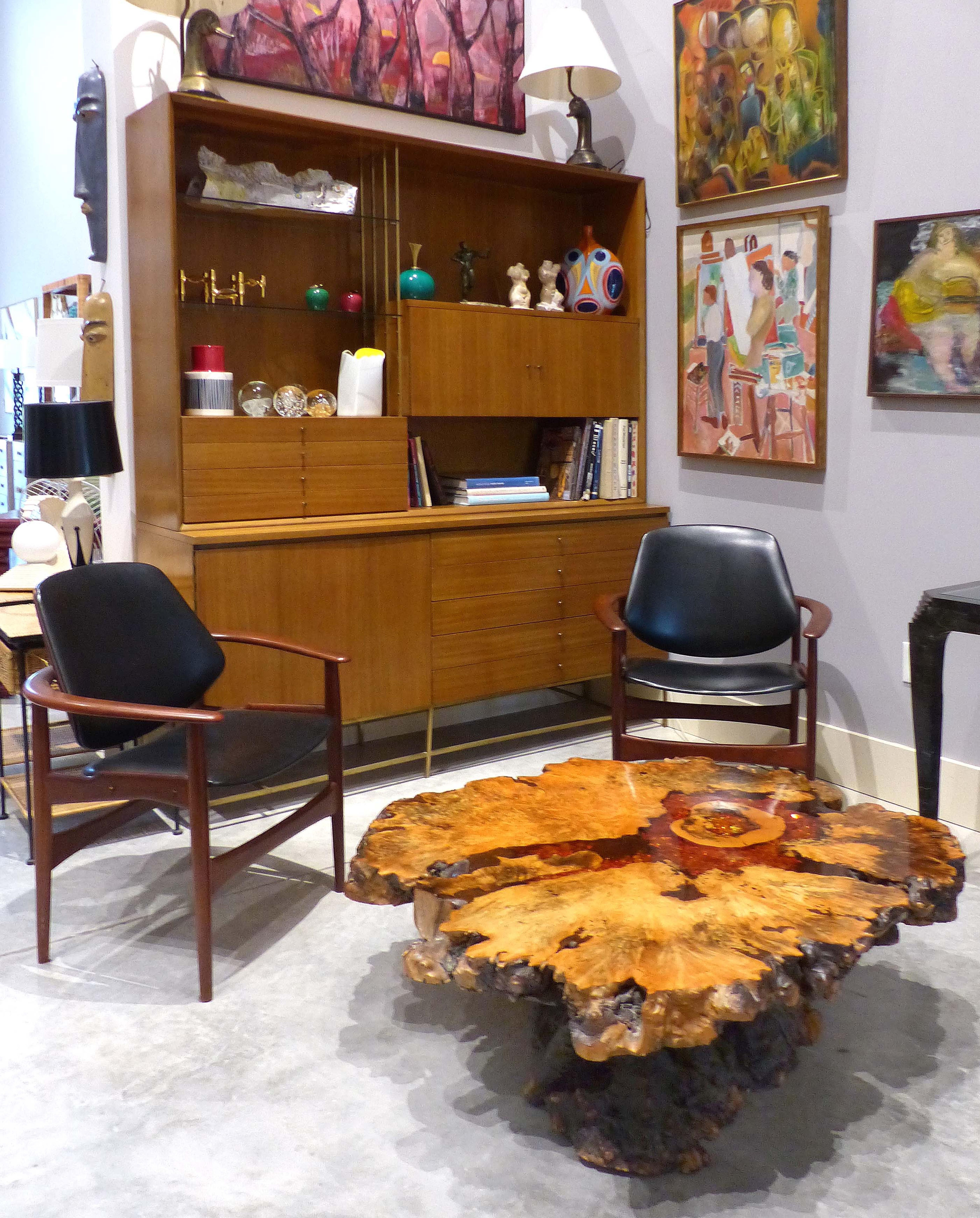 1970s California Studio Burl Wood Live Edge Slab Coffee Table, the Burl Wood Co.

Offered for sale is a circa 1970s sculptural California studio burlwood live edge slab coffee table. This organic slab top is embedded with sparkling citrine crystal