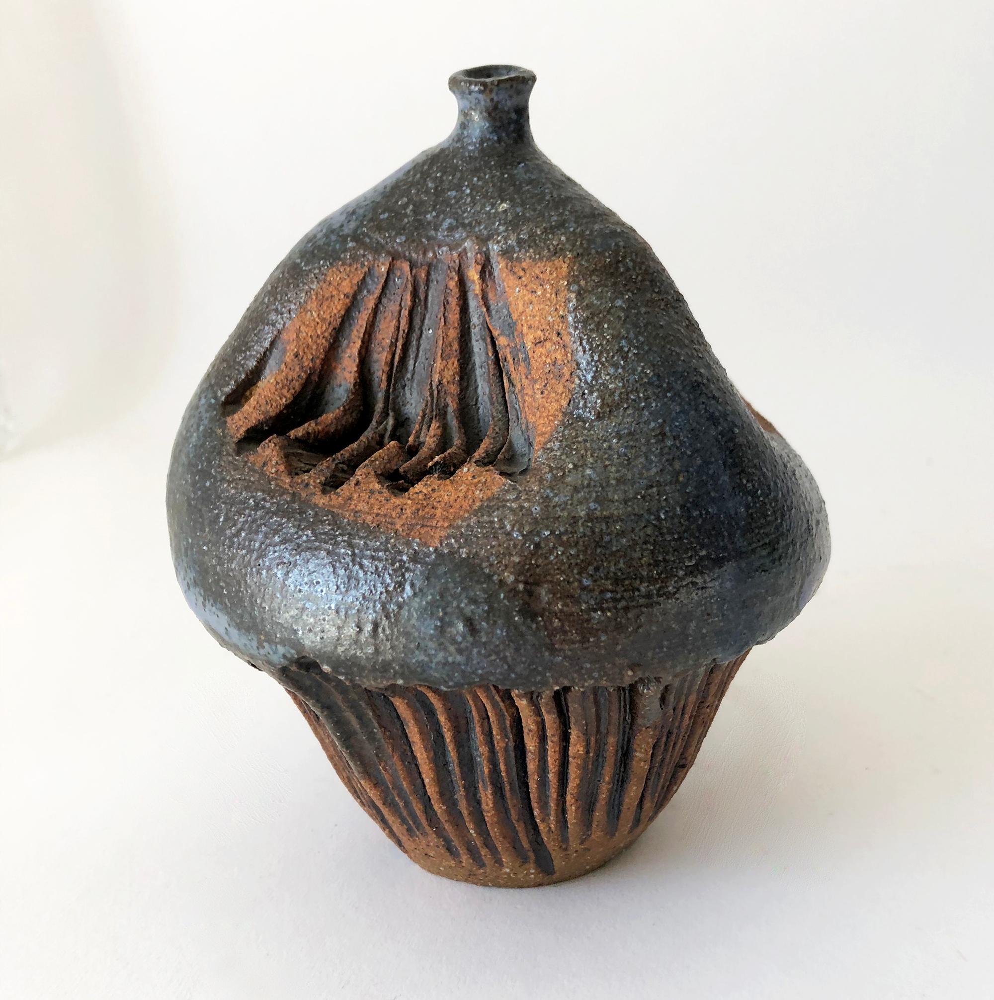 American 1970s California Studio Stoneware Pottery Pinched Weed Vase