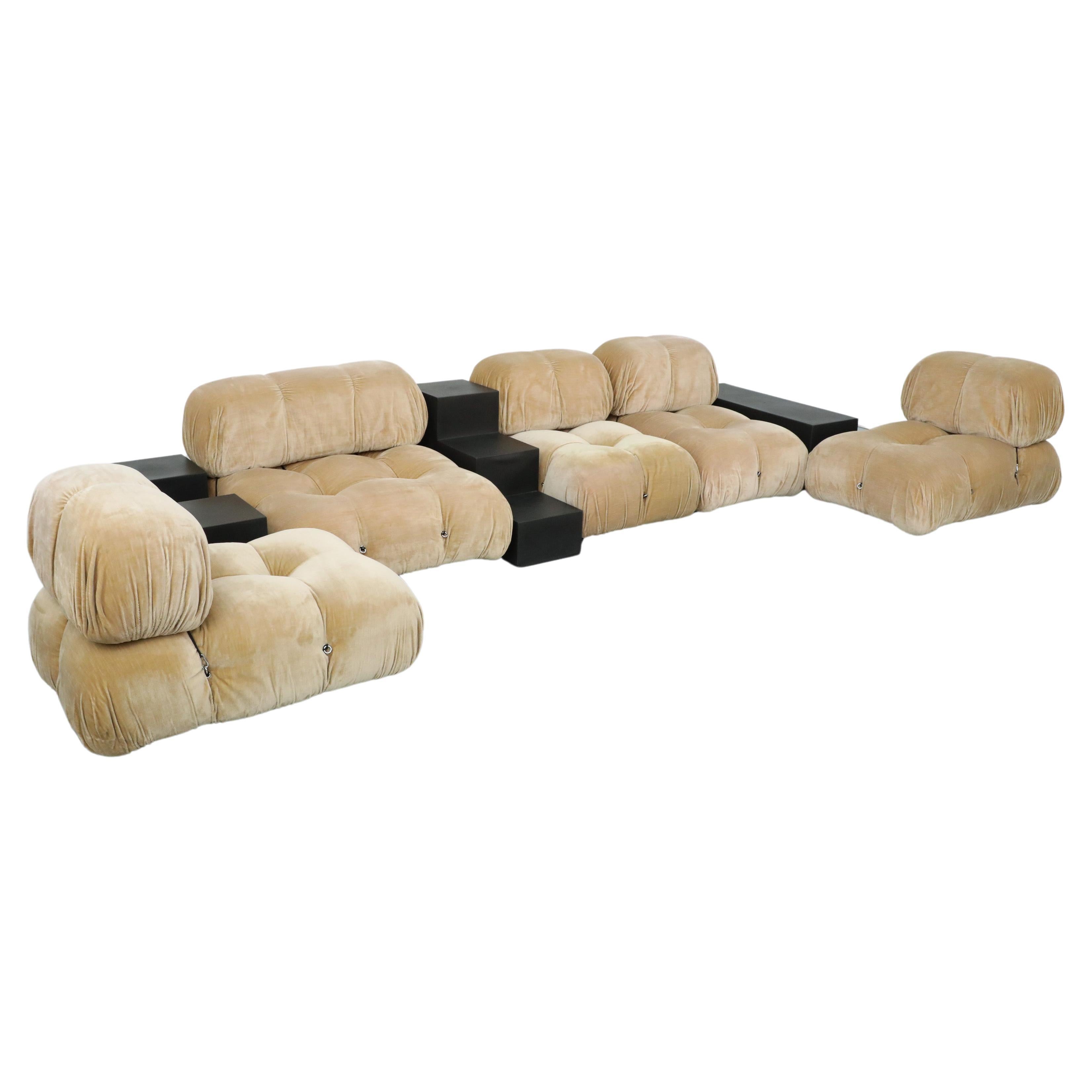 Early 1970-1972 production 7 Piece 'Camaleonda' sofa by Mario Bellini for C&B Italia (which become B&B Italia in 1973) in beige velvet. Comes with three black step side table pieces. Designed in 1970 and commercially released in 1972, Bellini
