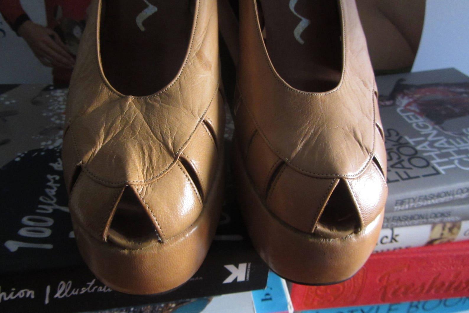 Camel Beige Leather Platform Heels, Circa 1970s 6