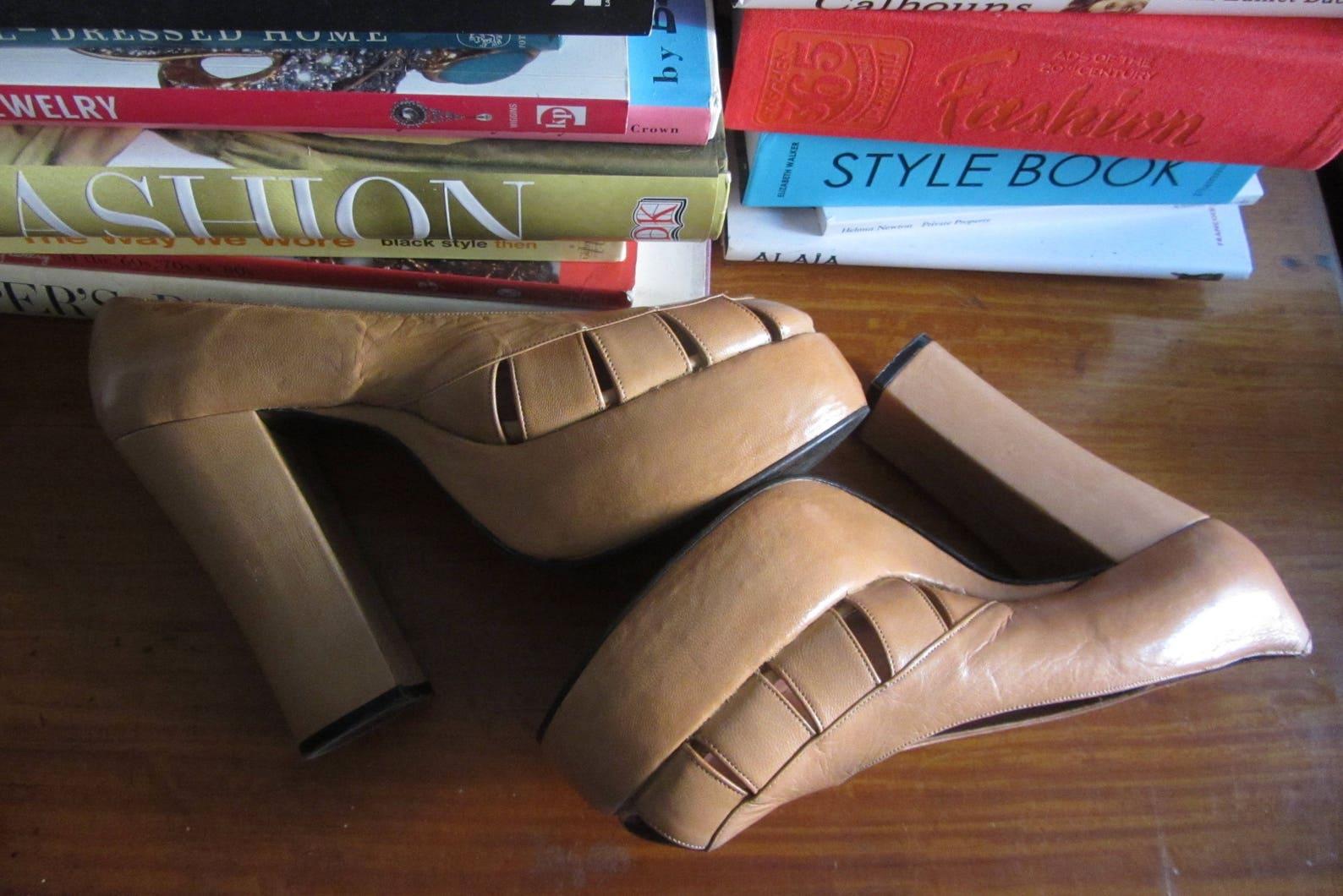 Camel Beige Leather Platform Heels, Circa 1970s 7
