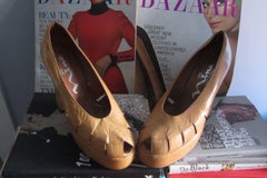 Camel Beige Leather Platform Heels, Circa 1970s