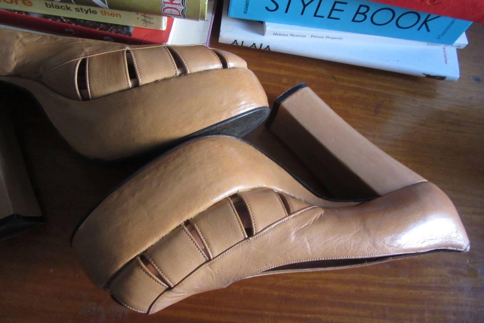 Camel Beige Leather Platform Heels, Circa 1970s 4