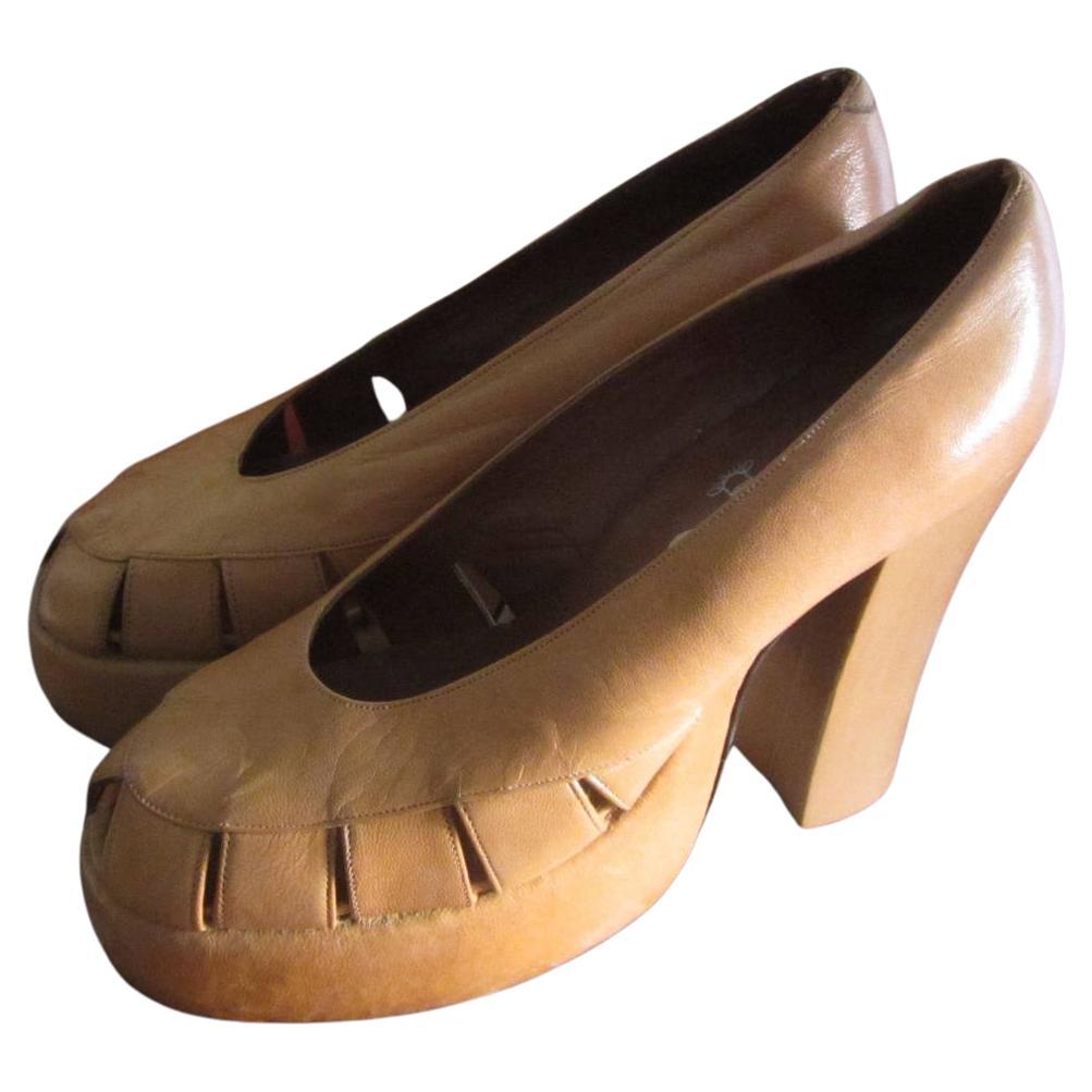 Camel Beige Leather Platform Heels, Circa 1970s For Sale