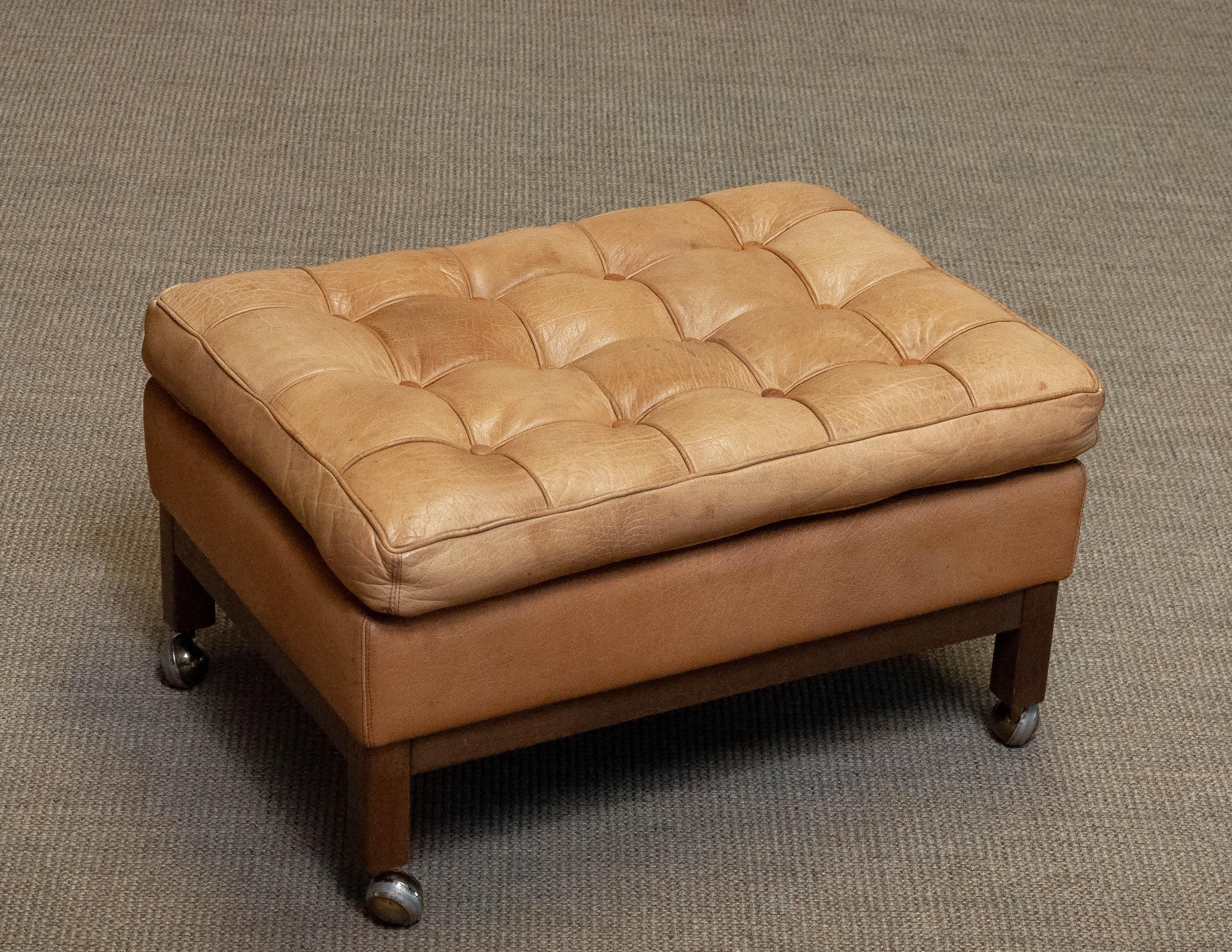 Swedish 1970s Camel / Brown Colored Leather Ottoman Model 'Merkur' by Arne Norell For Sale