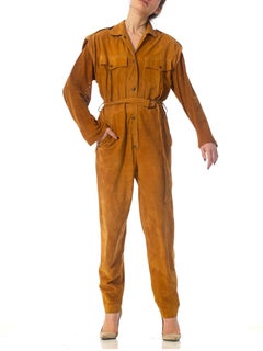 1970S Camel Brown Suede Jumpsuit With Sash Belt