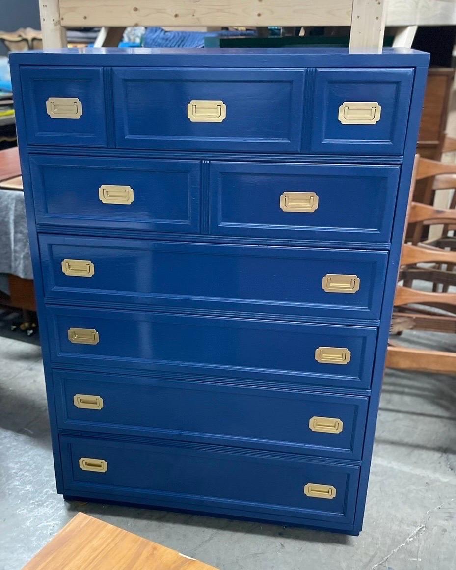 Just in from our workshop, is a 1970’s Henredon Scene I style dresser that has been carefully restored and lacquered in gloss “Hague Blue” by Farrow and Ball.  Beautiful and classic brass inset campaign hardware.  You can’t go wrong with a timeless