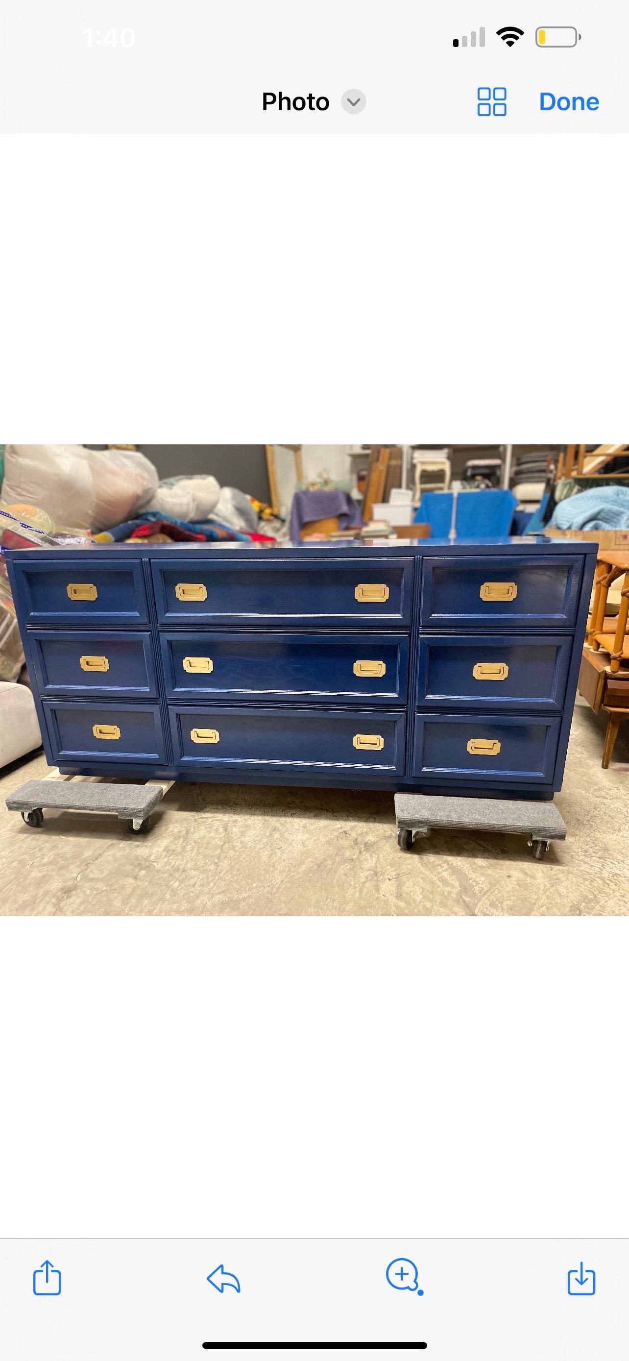 Just in from our workshop, is a 1970’s Henredon Scene I style dresser that has been carefully restored and lacquered in gloss “Hague Blue” by Farrow and Ball. Beautiful and classic brass inset campaign hardware. You can’t go wrong with a timeless