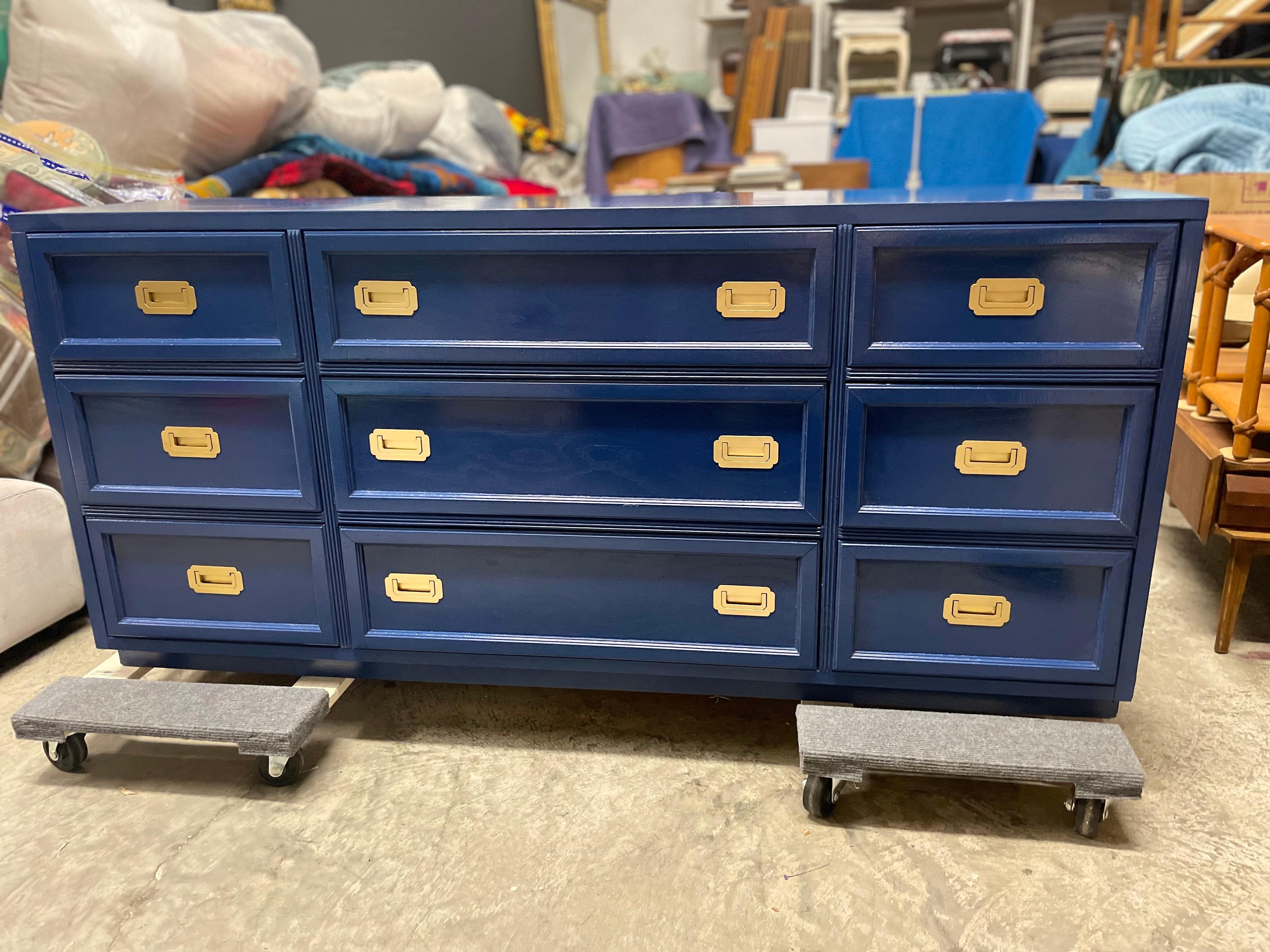 Brass 1970’s Campaign Dresser Newly Lacquered in Hague Blue