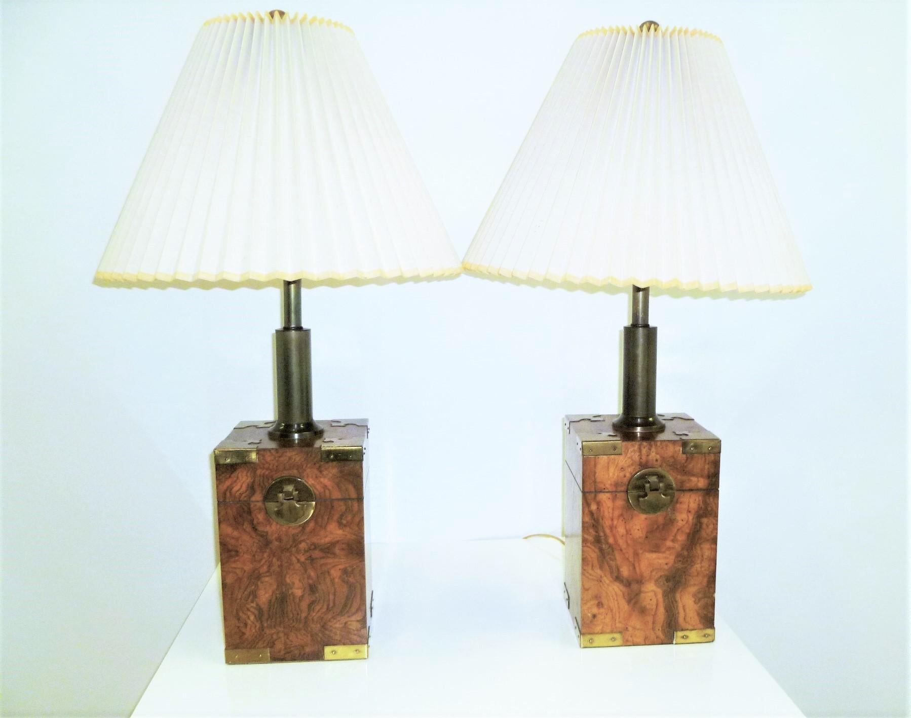 1970s Campaign Style Burl Tea Box Table Lamps 8