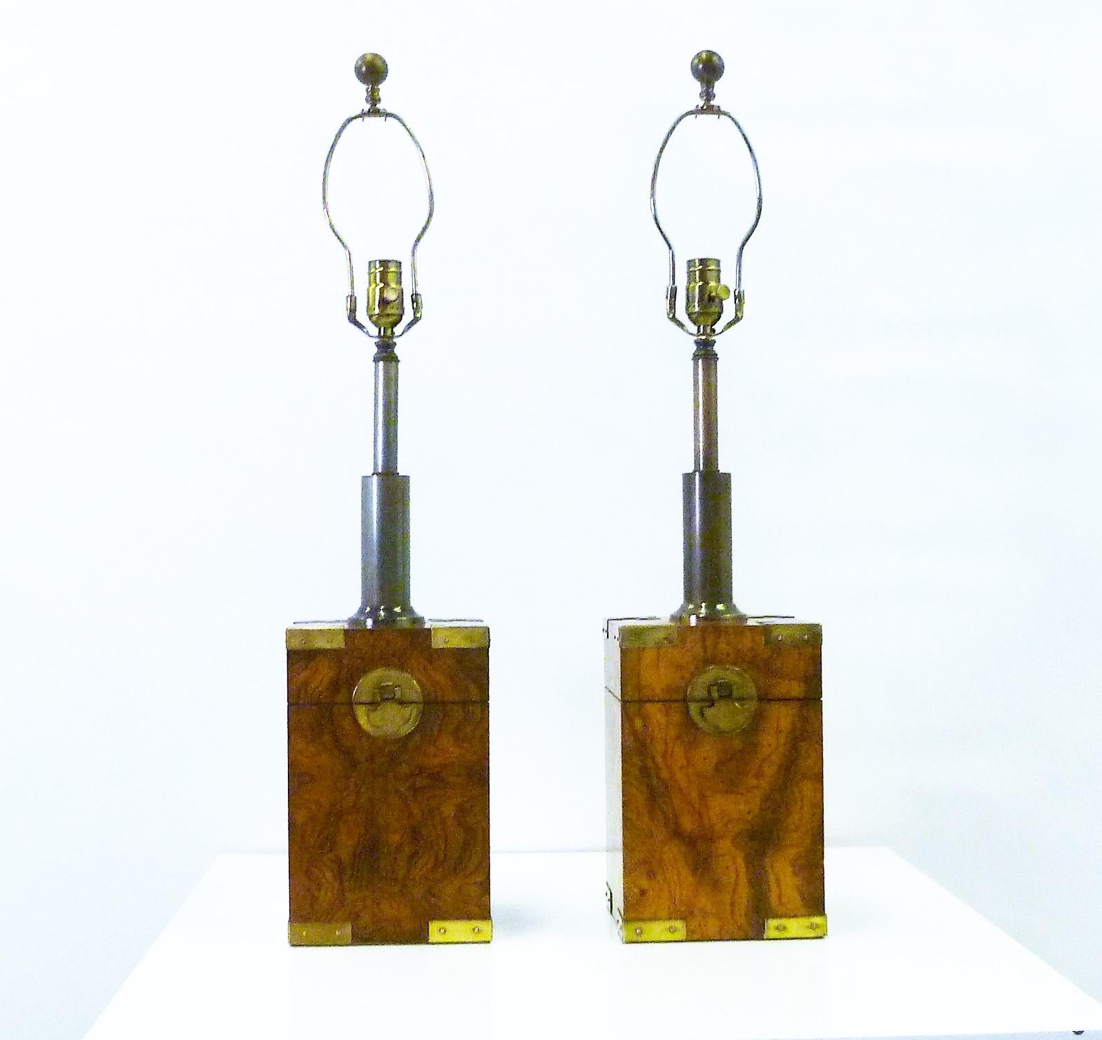 1970s Campaign Style Burl Tea Box Table Lamps 1