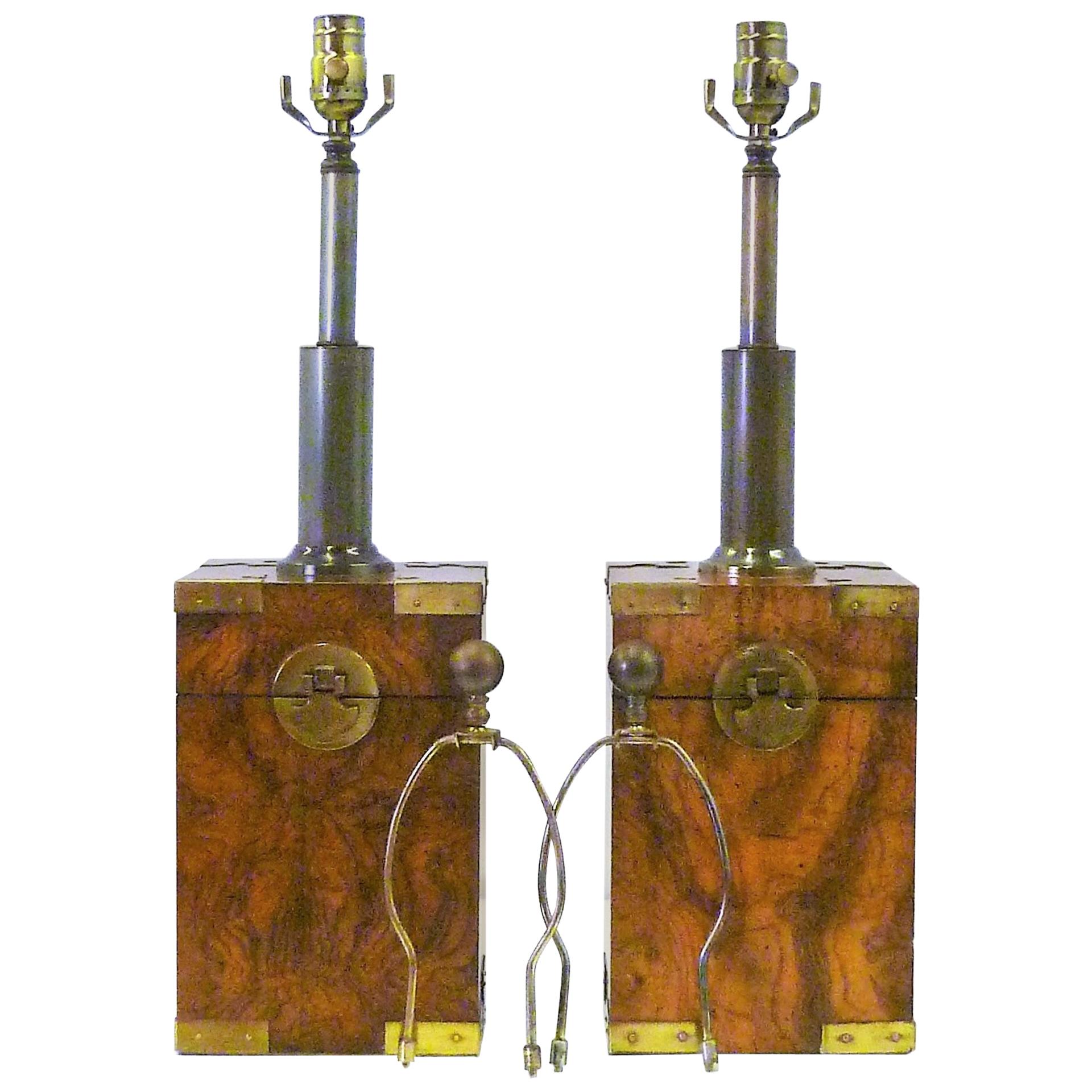 1970s Campaign Style Burl Tea Box Table Lamps