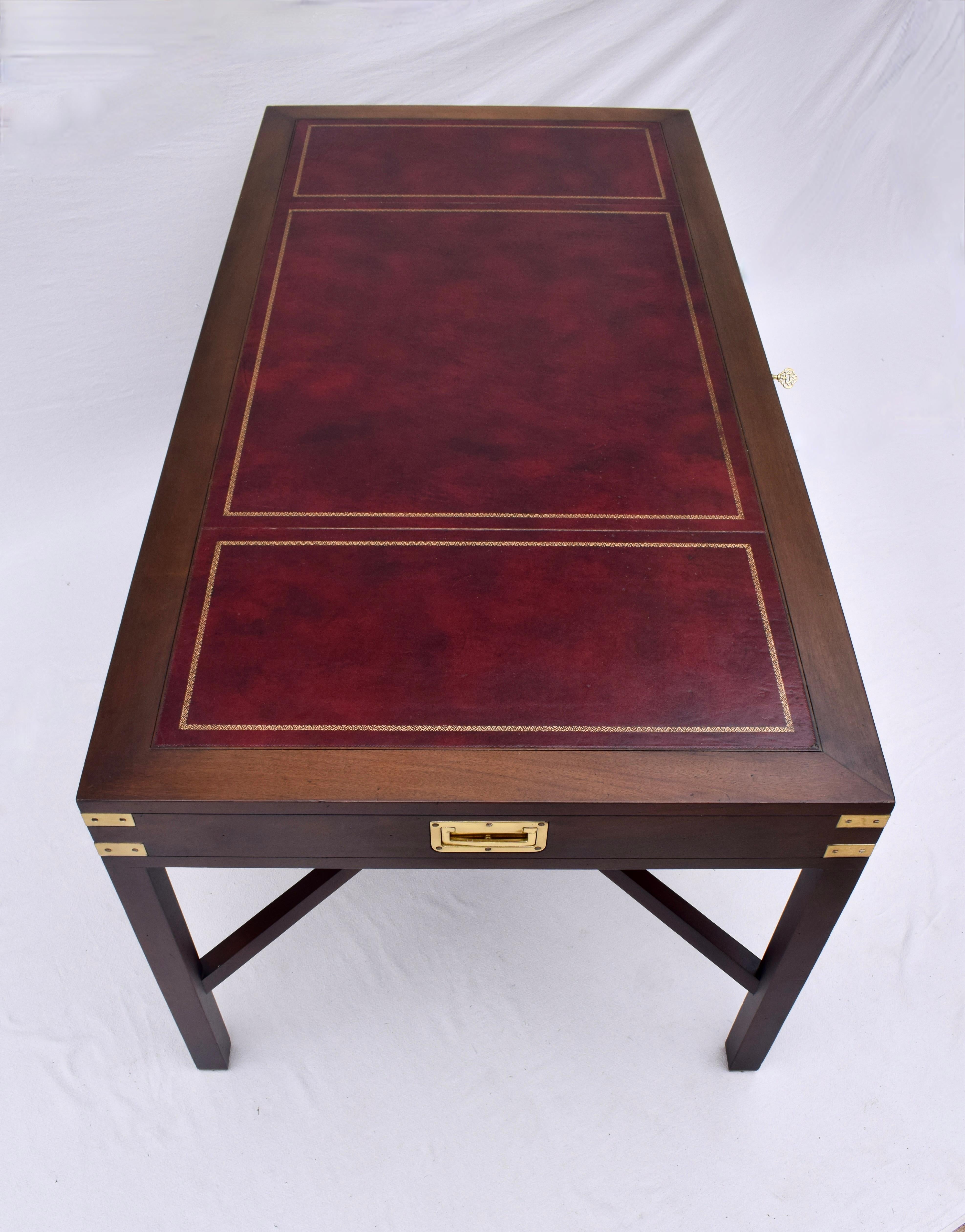 Gold 1970's Campaign Style Leather Top Desk For Sale