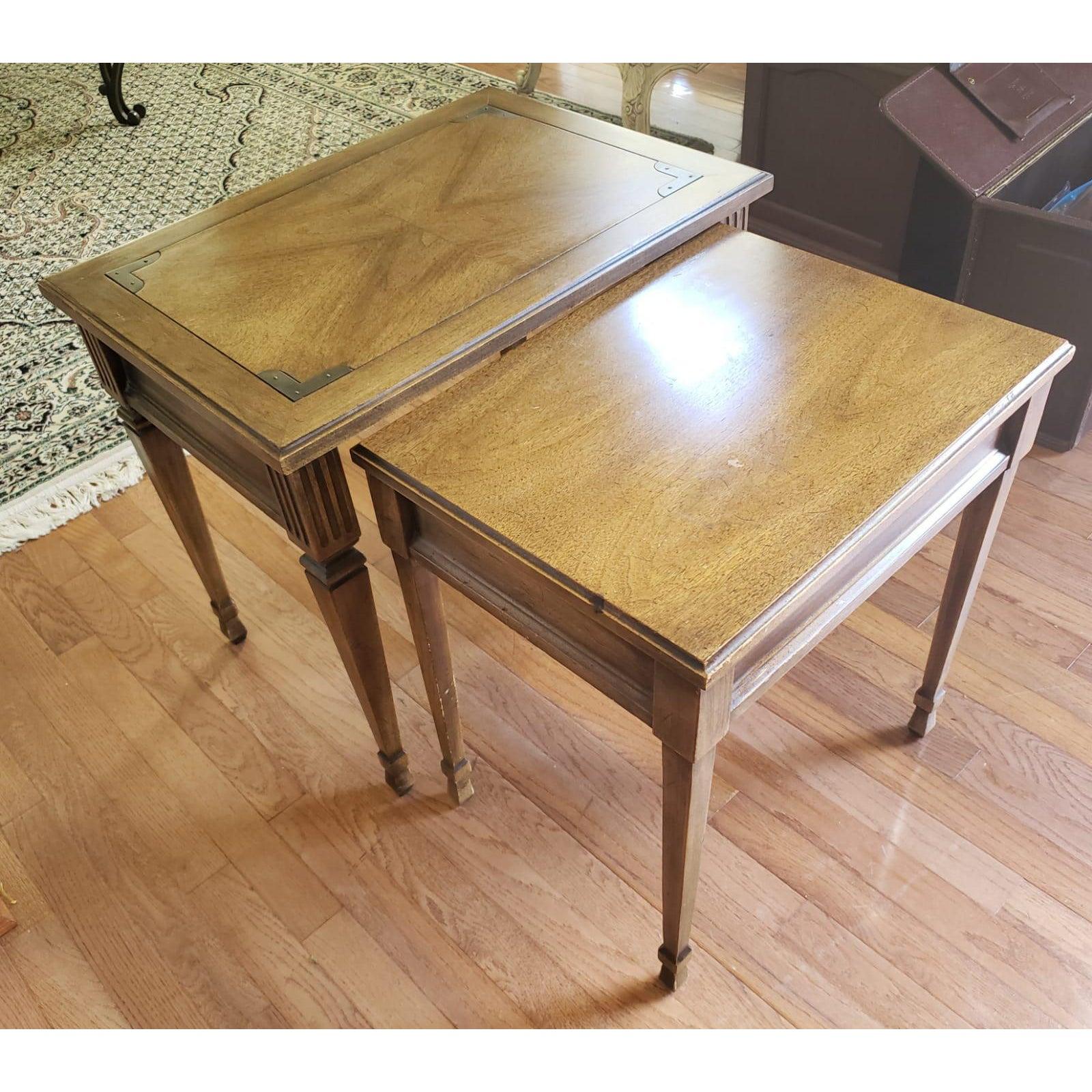 1970s Campaign Style Walnut Nesting Tables, Set of 2 In Good Condition For Sale In Germantown, MD