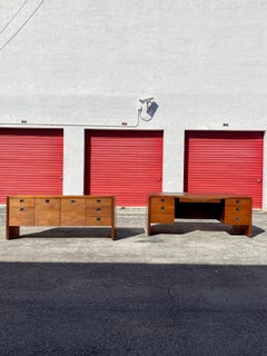 1970s Walnut Executive Campaign Waterfall Desk And Cabinet, Set of 2