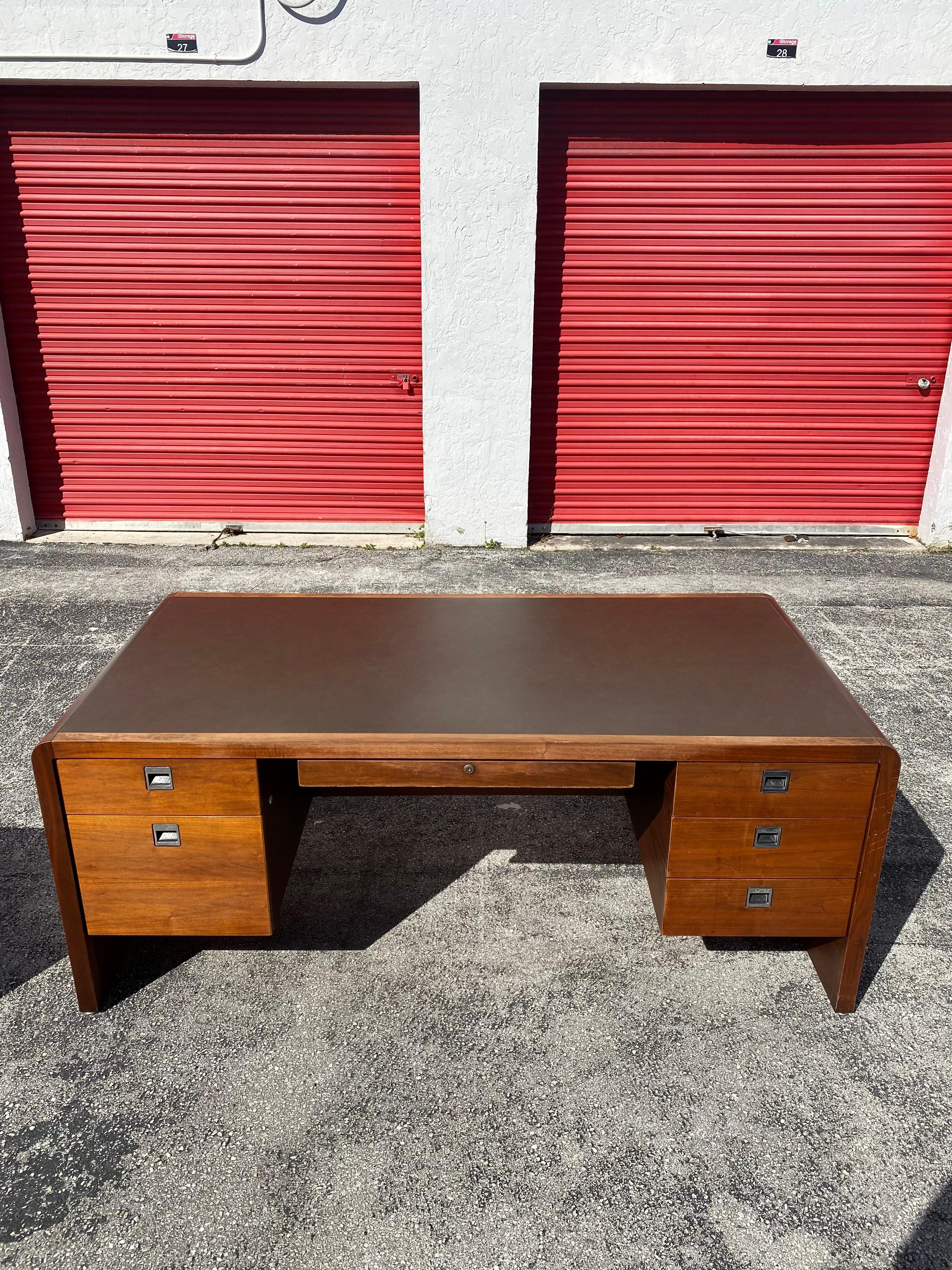 Late 20th Century 1970s Walnut Executive Campaign Waterfall Desk And Cabinet, Set of 2 For Sale
