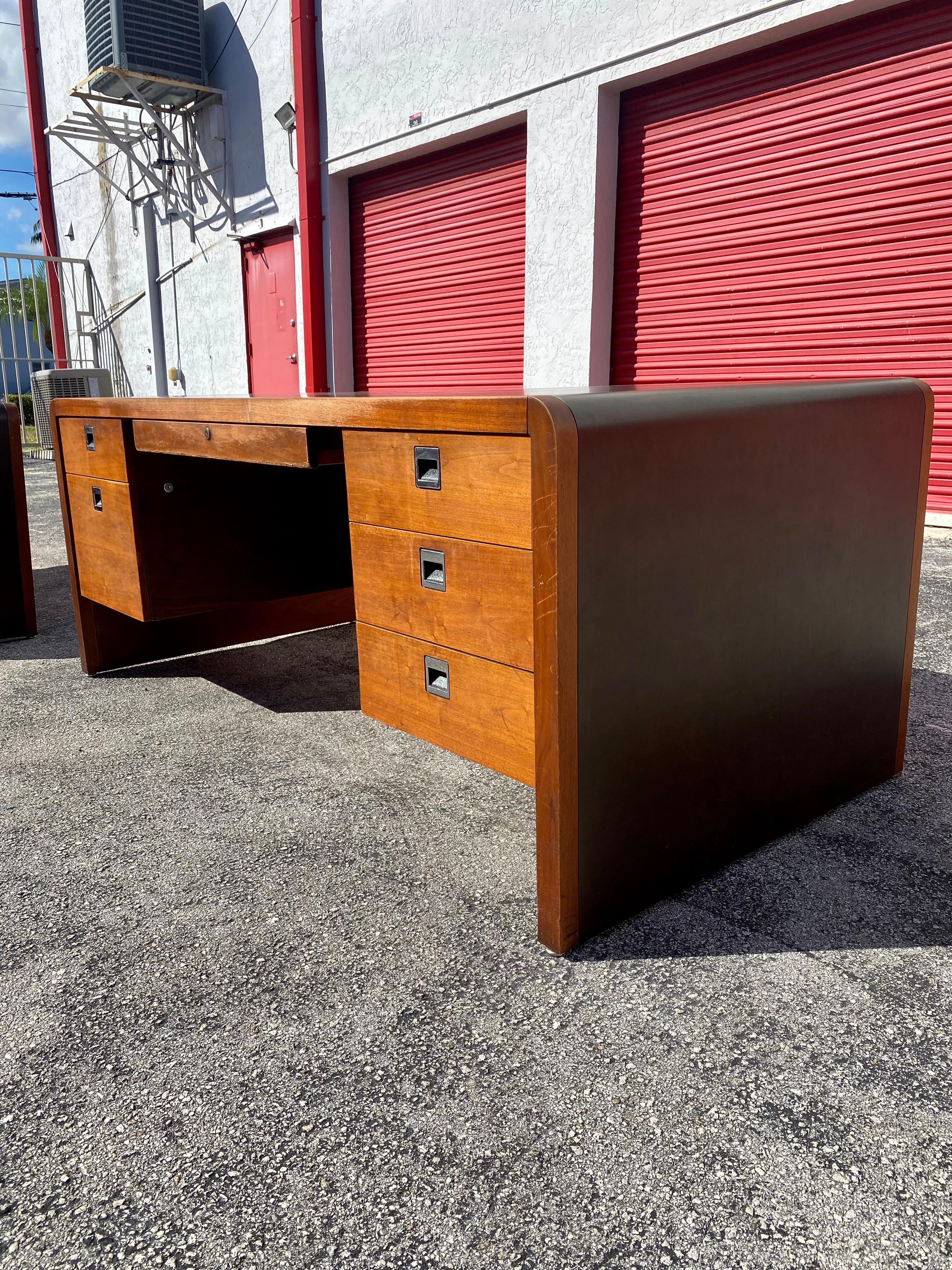 Brass 1970s Walnut Executive Campaign Waterfall Desk And Cabinet, Set of 2 For Sale