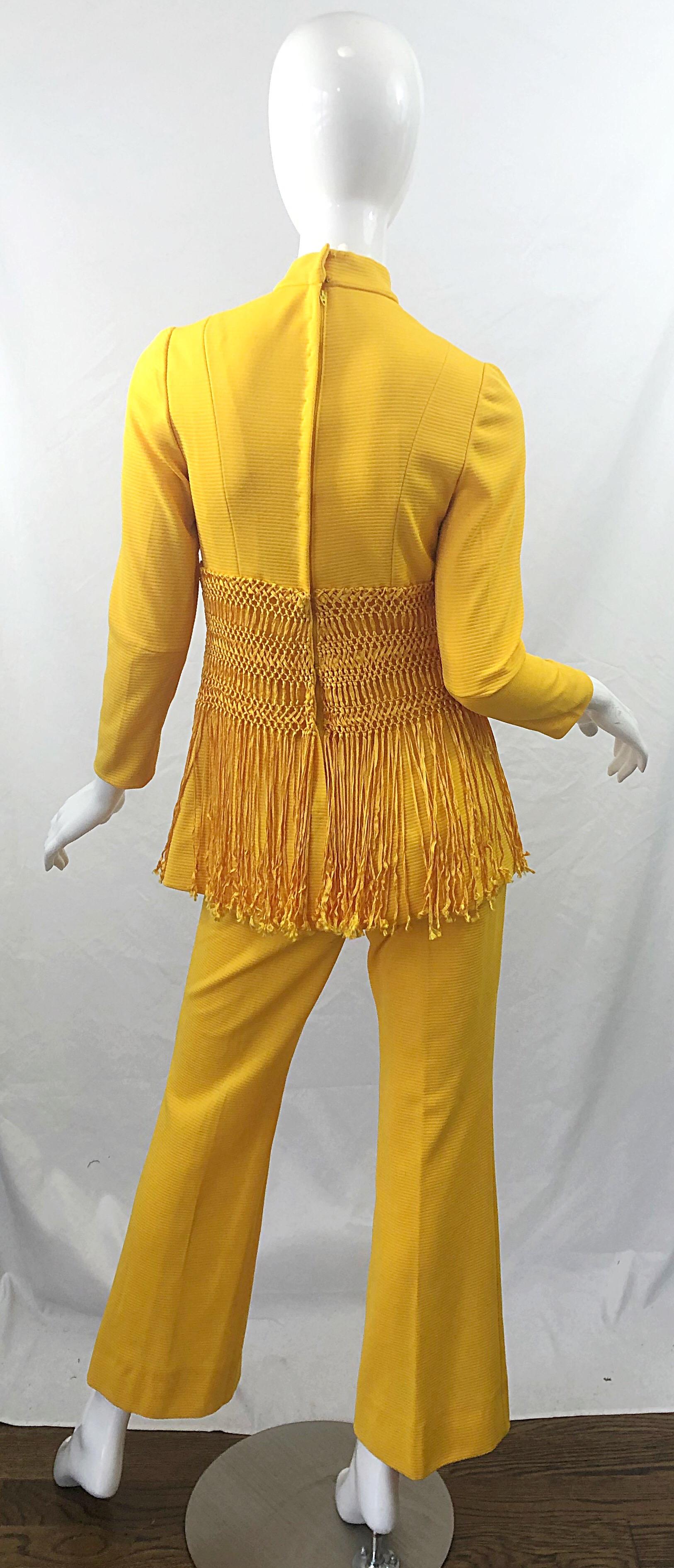 1970s Canary Yellow Fringe Vintage Knit Tunic Top + 70s Bell Bottom Flared Pants 5