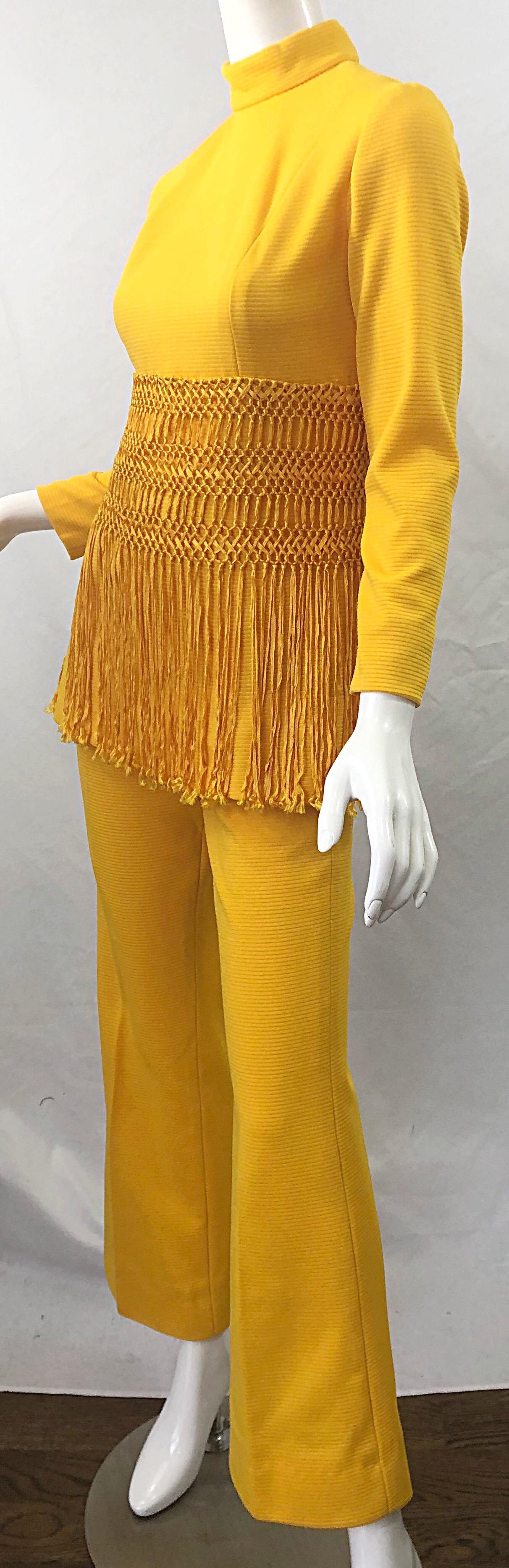 1970s Canary Yellow Fringe Vintage Knit Tunic Top + 70s Bell Bottom Flared Pants 6