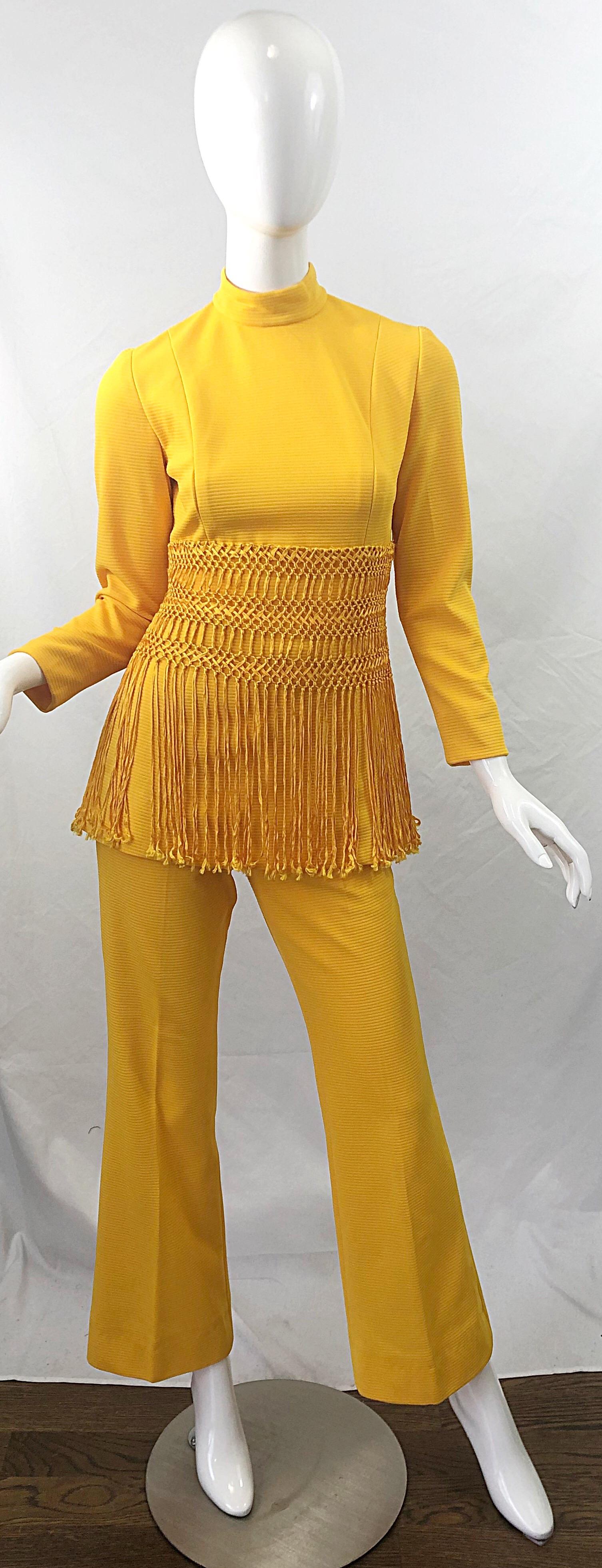 1970s Canary Yellow Fringe Vintage Knit Tunic Top + 70s Bell Bottom Flared Pants 7