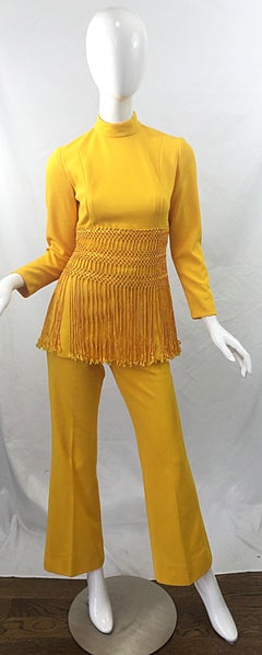1970s Canary Yellow Fringe Vintage Knit Tunic Top + 70s Bell Bottom Flared Pants