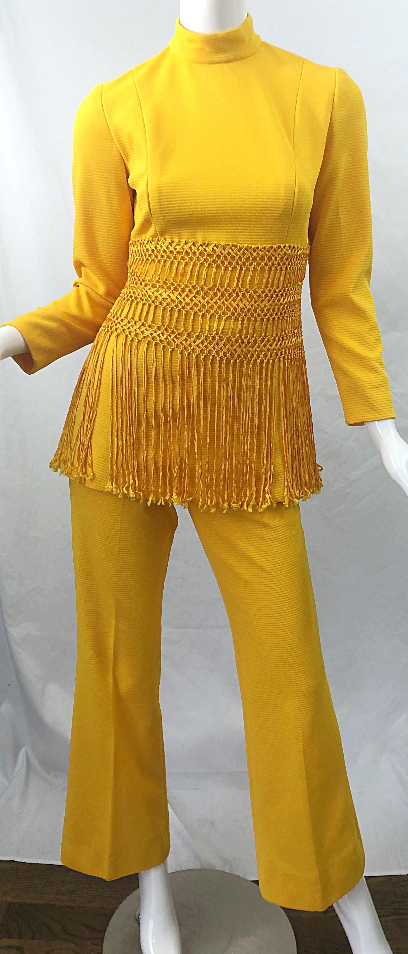 Women's 1970s Canary Yellow Fringe Vintage Knit Tunic Top + 70s Bell Bottom Flared Pants