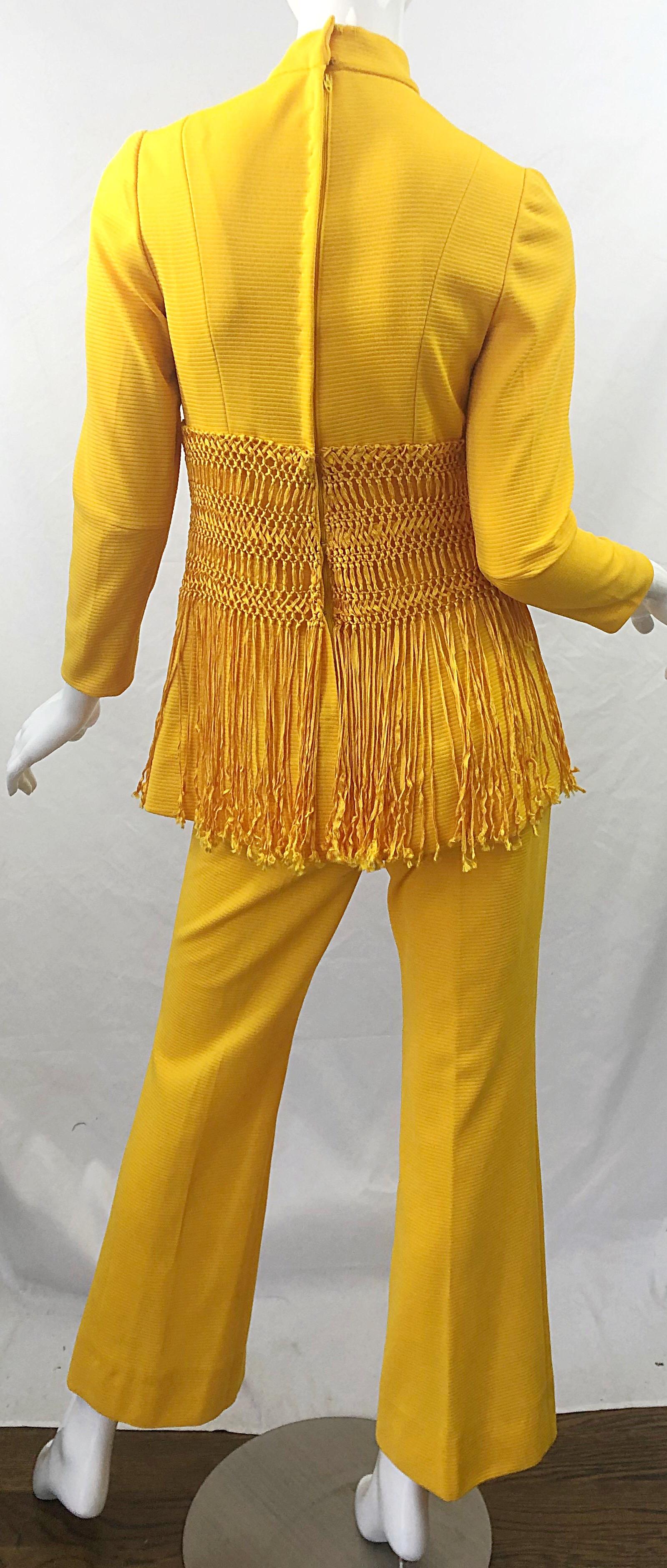 1970s Canary Yellow Fringe Vintage Knit Tunic Top + 70s Bell Bottom Flared Pants 1