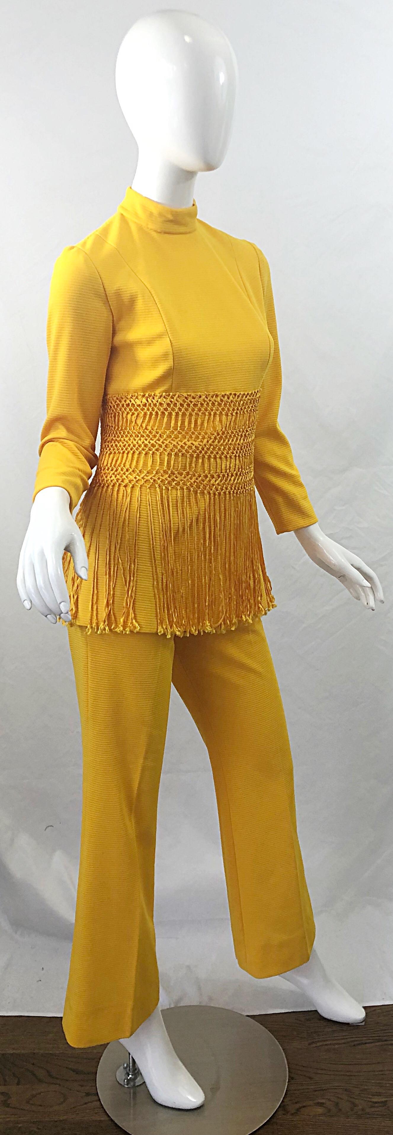 1970s Canary Yellow Fringe Vintage Knit Tunic Top + 70s Bell Bottom Flared Pants 2