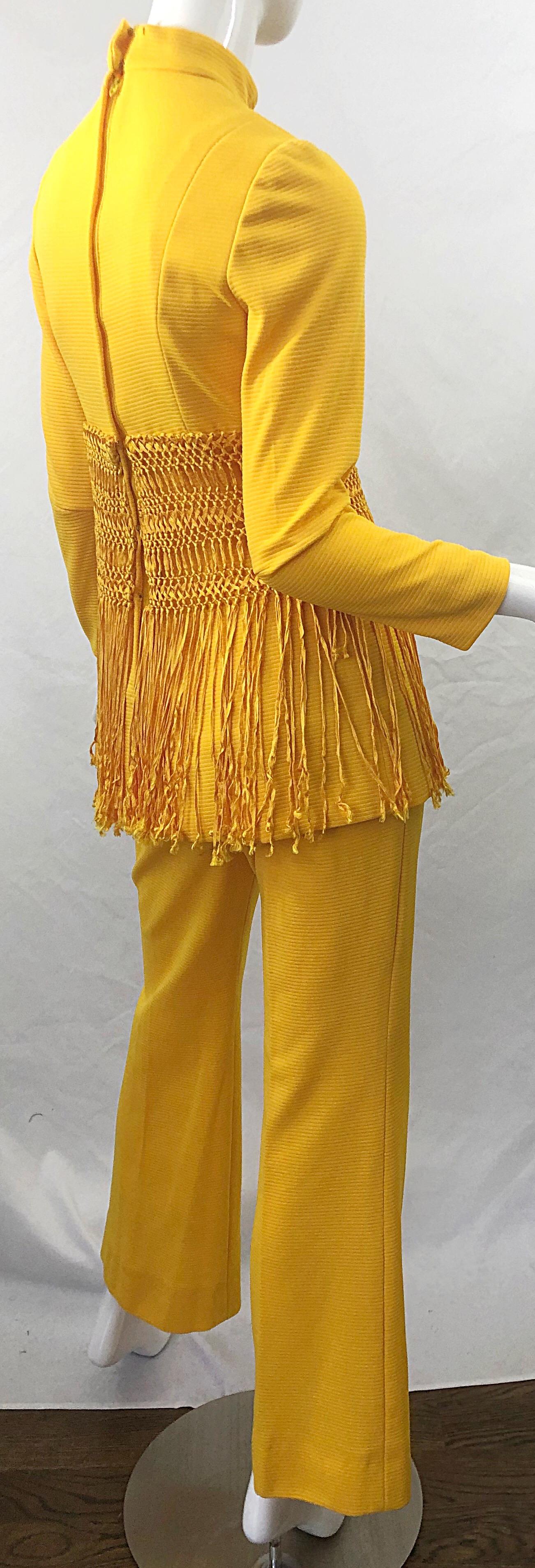 1970s Canary Yellow Fringe Vintage Knit Tunic Top + 70s Bell Bottom Flared Pants 3
