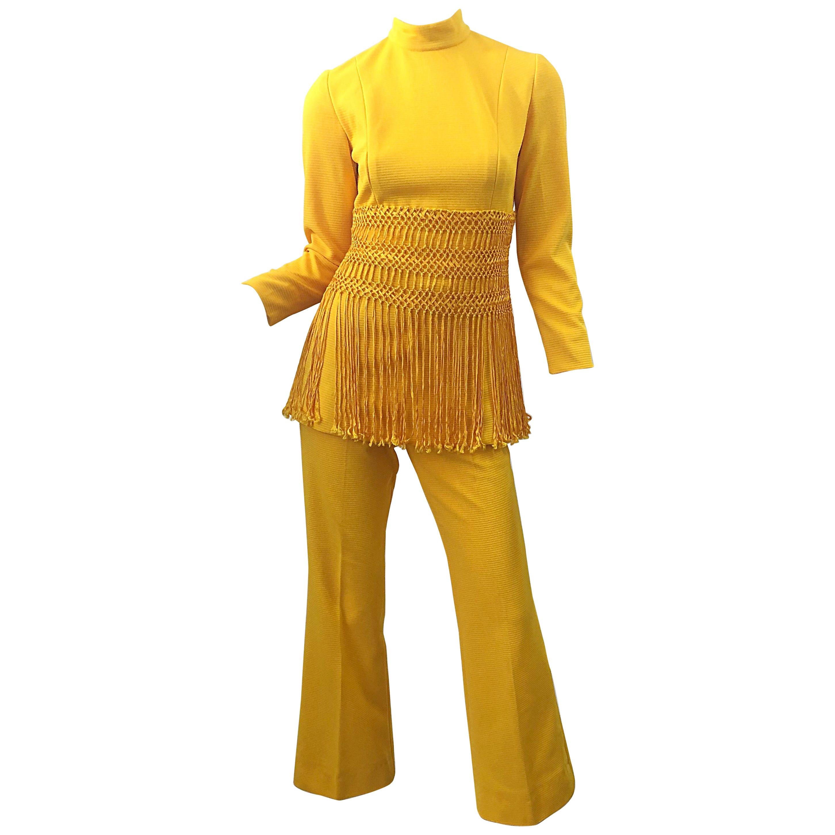 1970s Canary Yellow Fringe Vintage Knit Tunic Top + 70s Bell Bottom Flared Pants