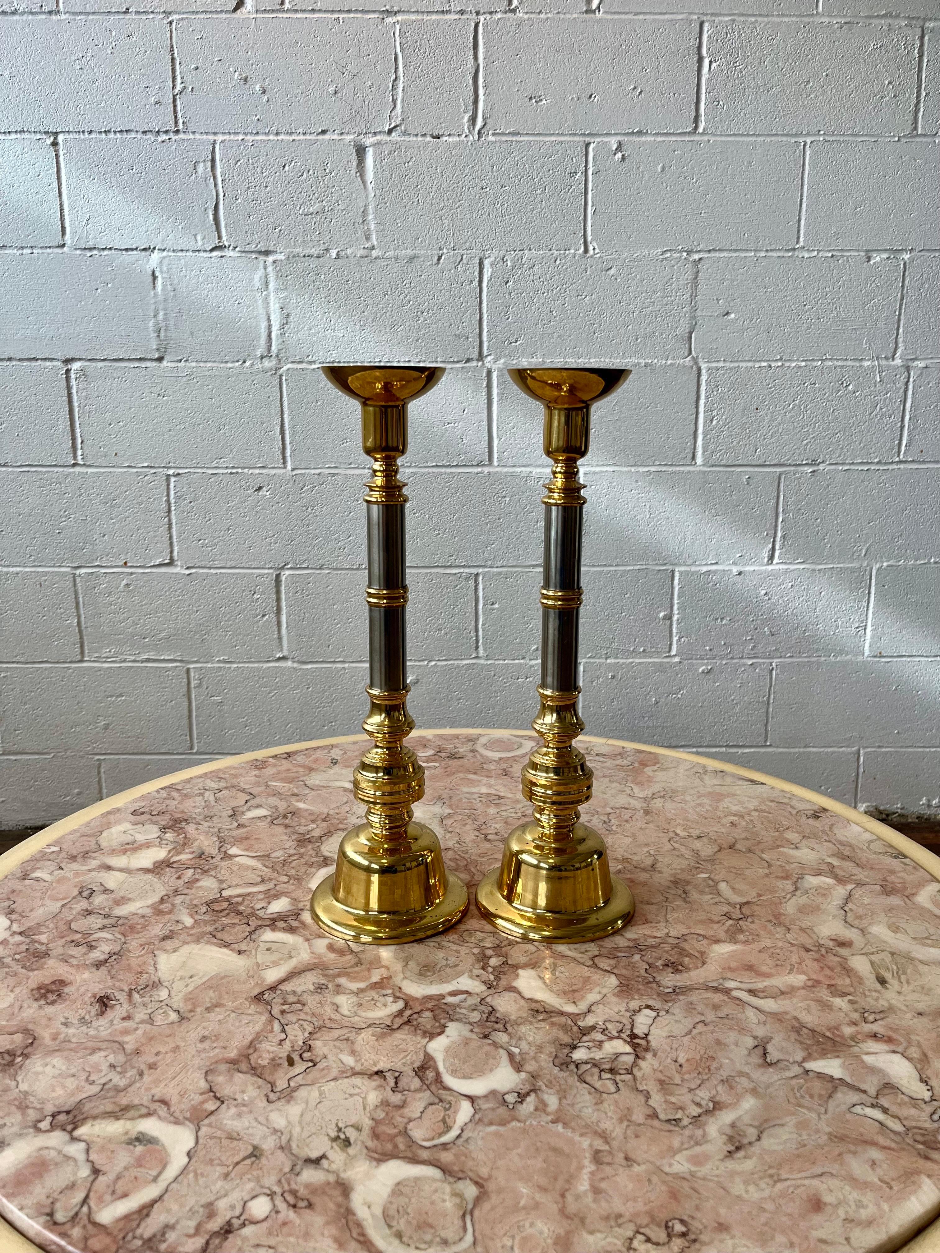 American 1970's Candle Holders Neoclassical Brass and Chrome Candle Sticks - a Pair For Sale