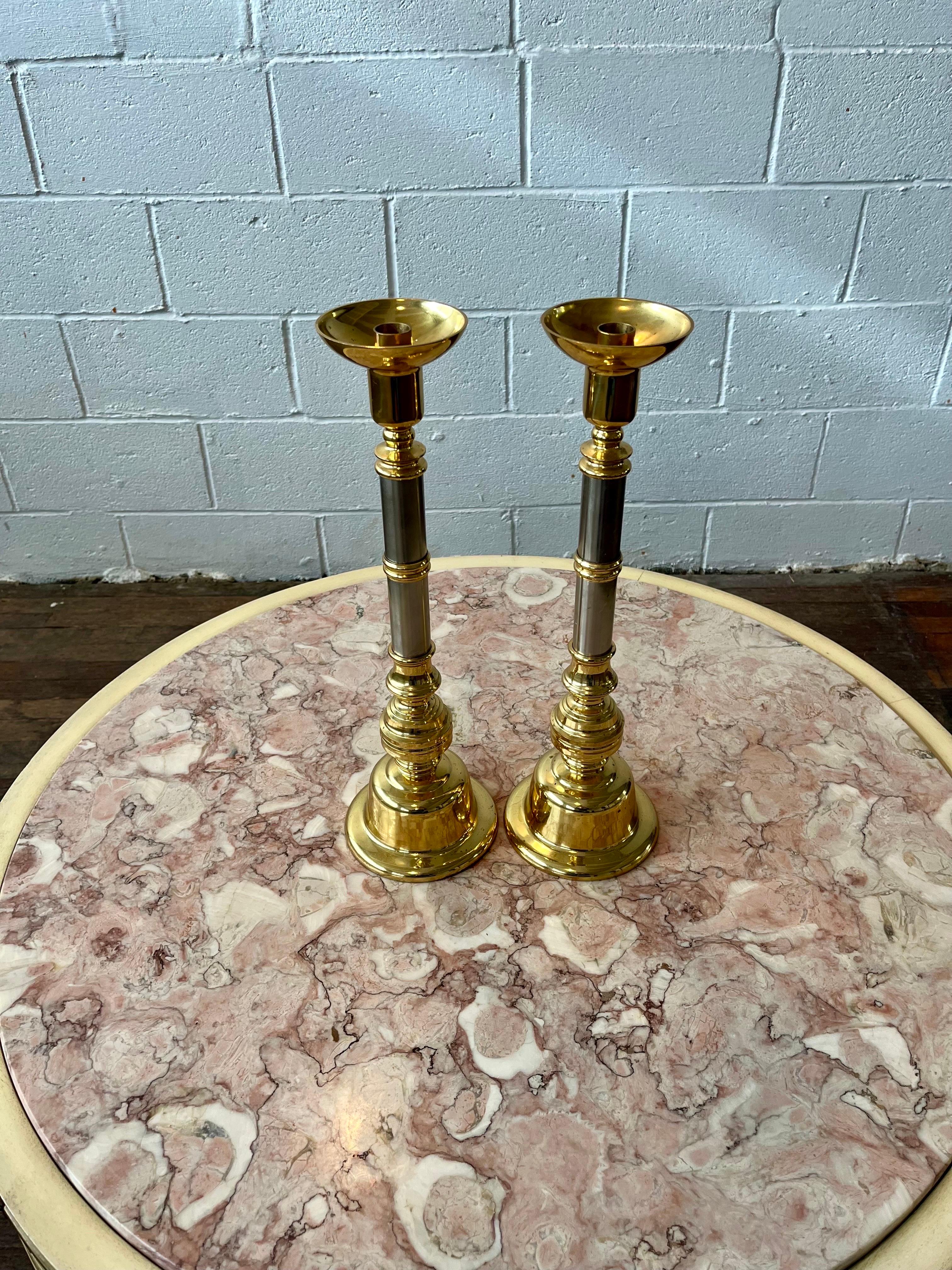 1970's Candle Holders Neoclassical Brass and Chrome Candle Sticks - a Pair In Good Condition For Sale In W Allenhurst, NJ
