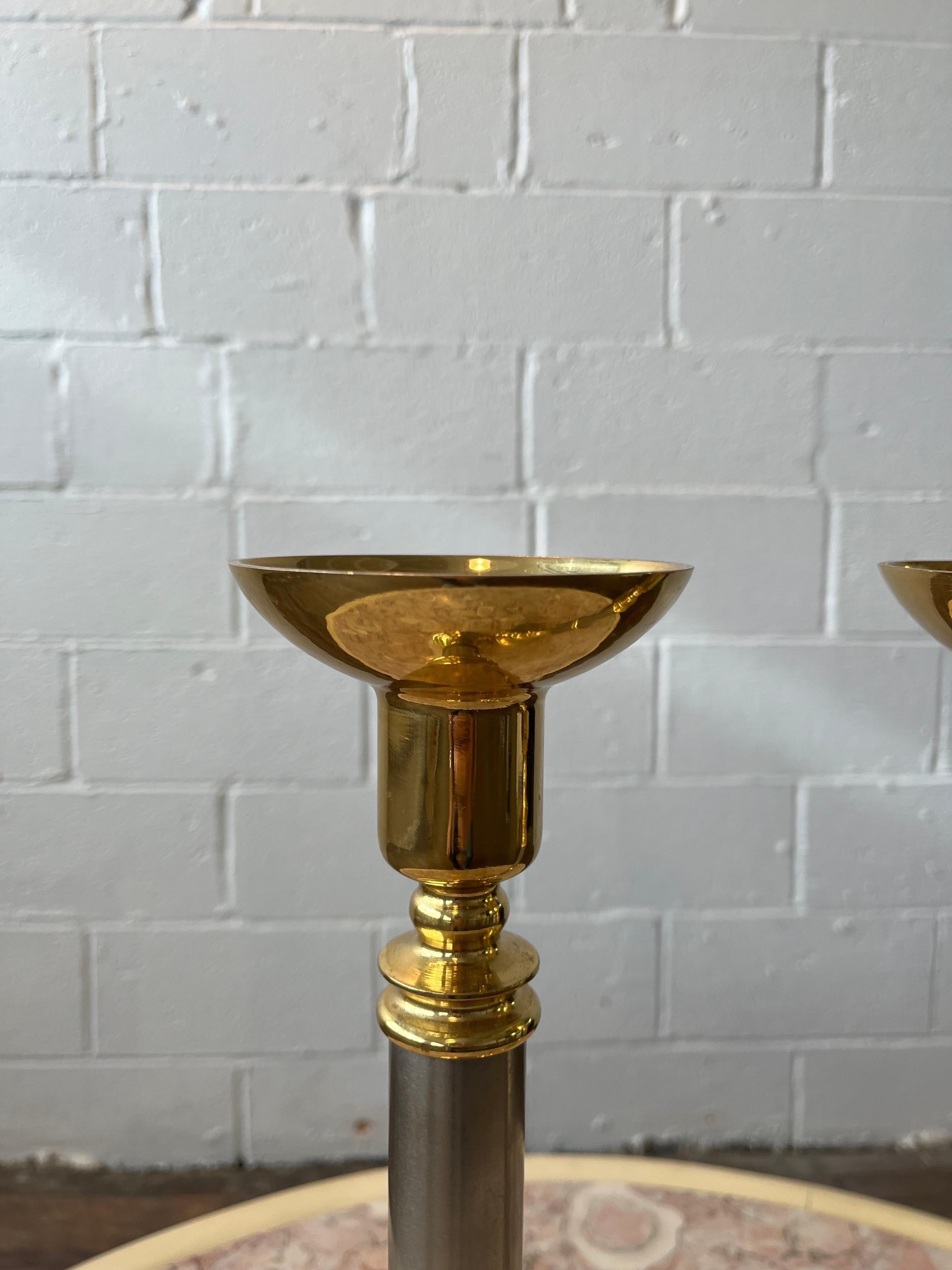 20th Century 1970's Candle Holders Neoclassical Brass and Chrome Candle Sticks - a Pair For Sale