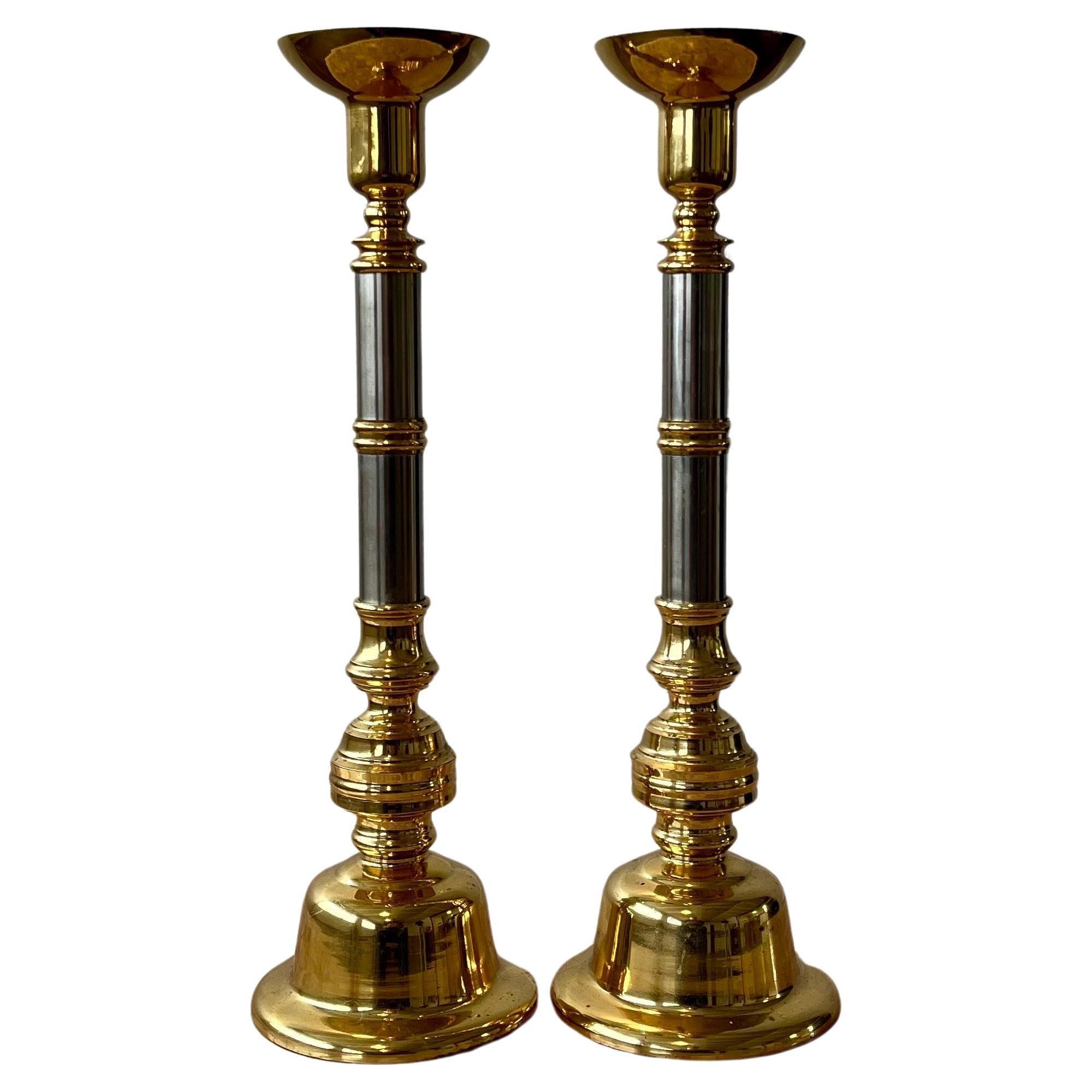 1970's Candle Holders Neoclassical Brass and Chrome Candle Sticks - a Pair