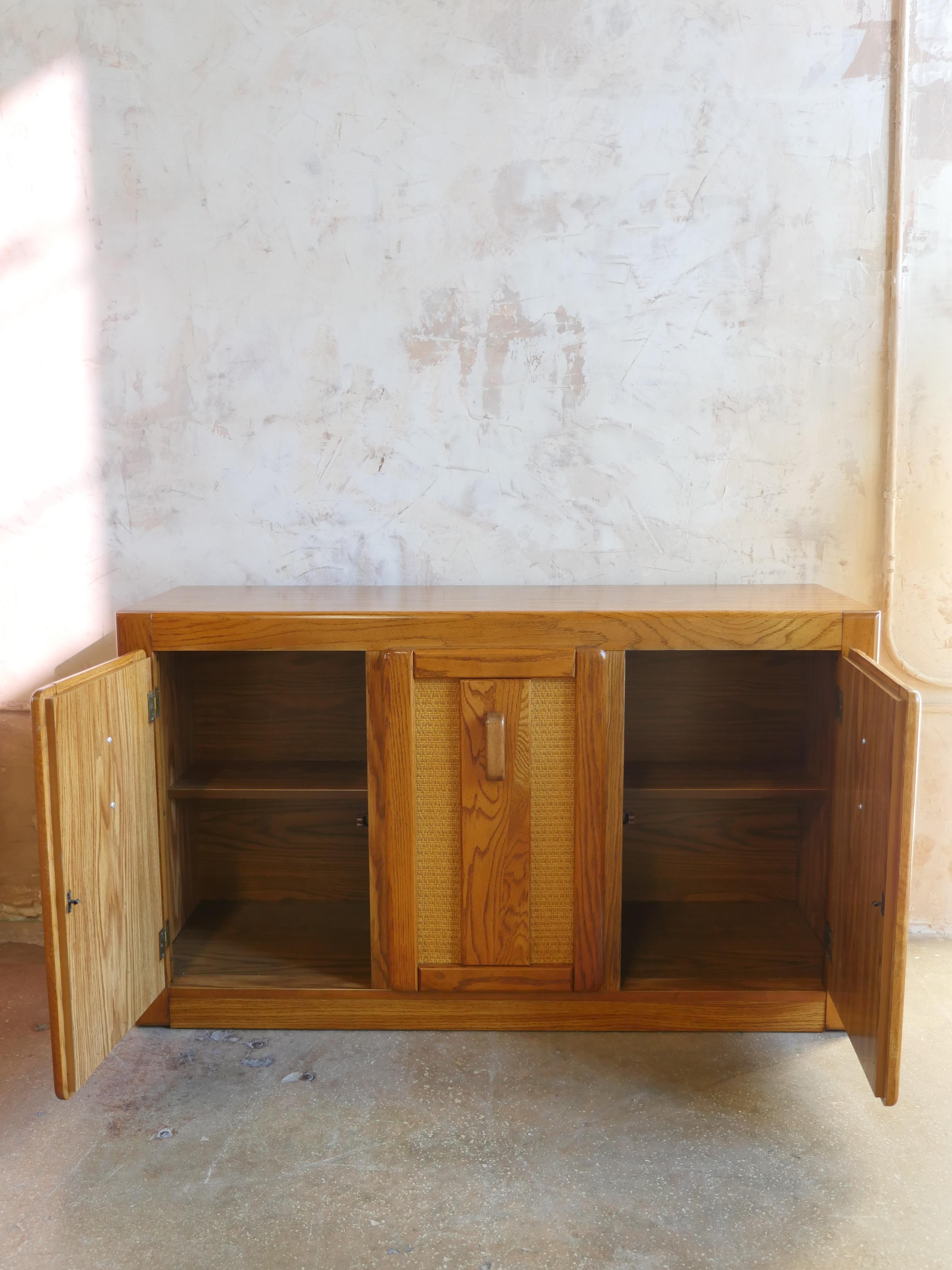 North American 1970s, Cane and Oak Wood Mid-Century Sideboard For Sale