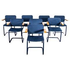 1970's Cantilever Blue Frame Chair With Denim Blue Upholstery - Set Of Eight
