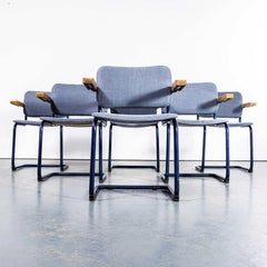 1970's Cantilever Blue Frame Chairs With Blue - Grey Upholstery - Set Of Six